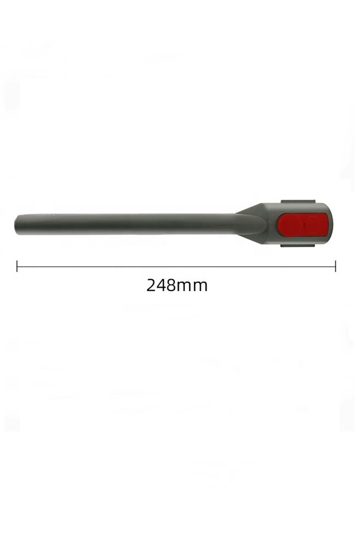 Kırmızı anahtarlı ve 248 mm uzunluk ölçüsüne sahip gri alet.