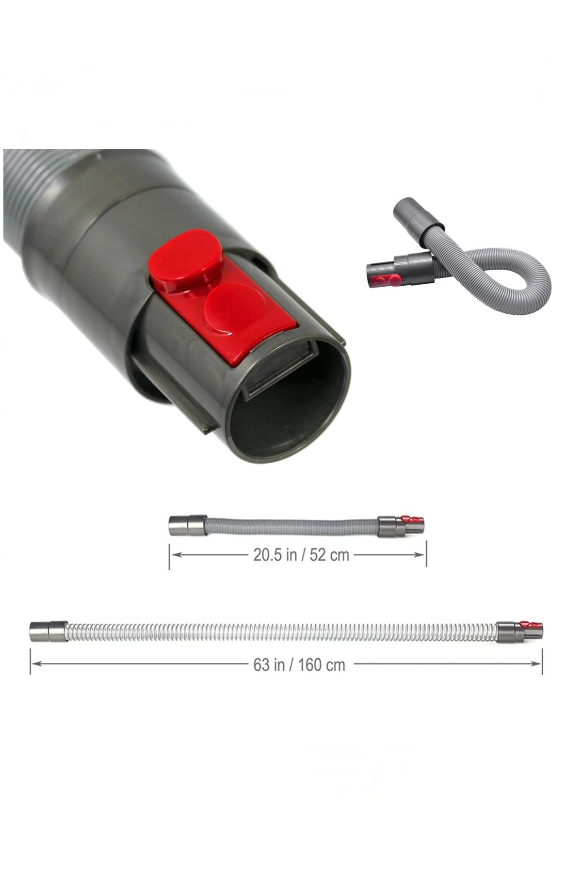Kırmızı düğmeli ve inç/santimetre cinsinden ölçüleri olan gri elektrik süpürgesi hortumu.