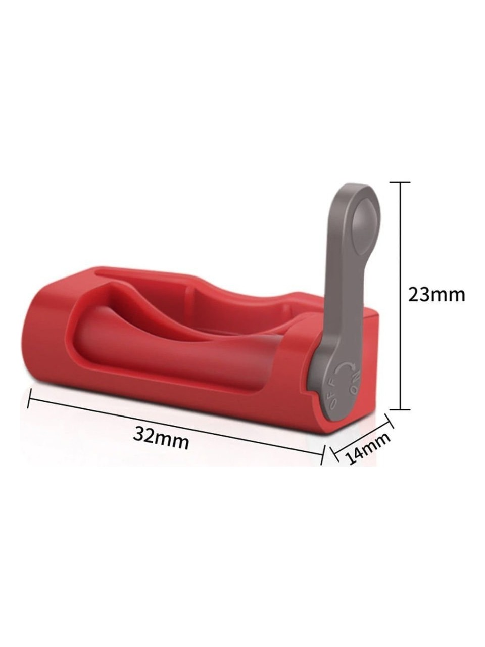 Gri kollu ve 32 mm x 14 mm x 23 mm boyutlarında kırmızı güvenlik kablo kilidi.