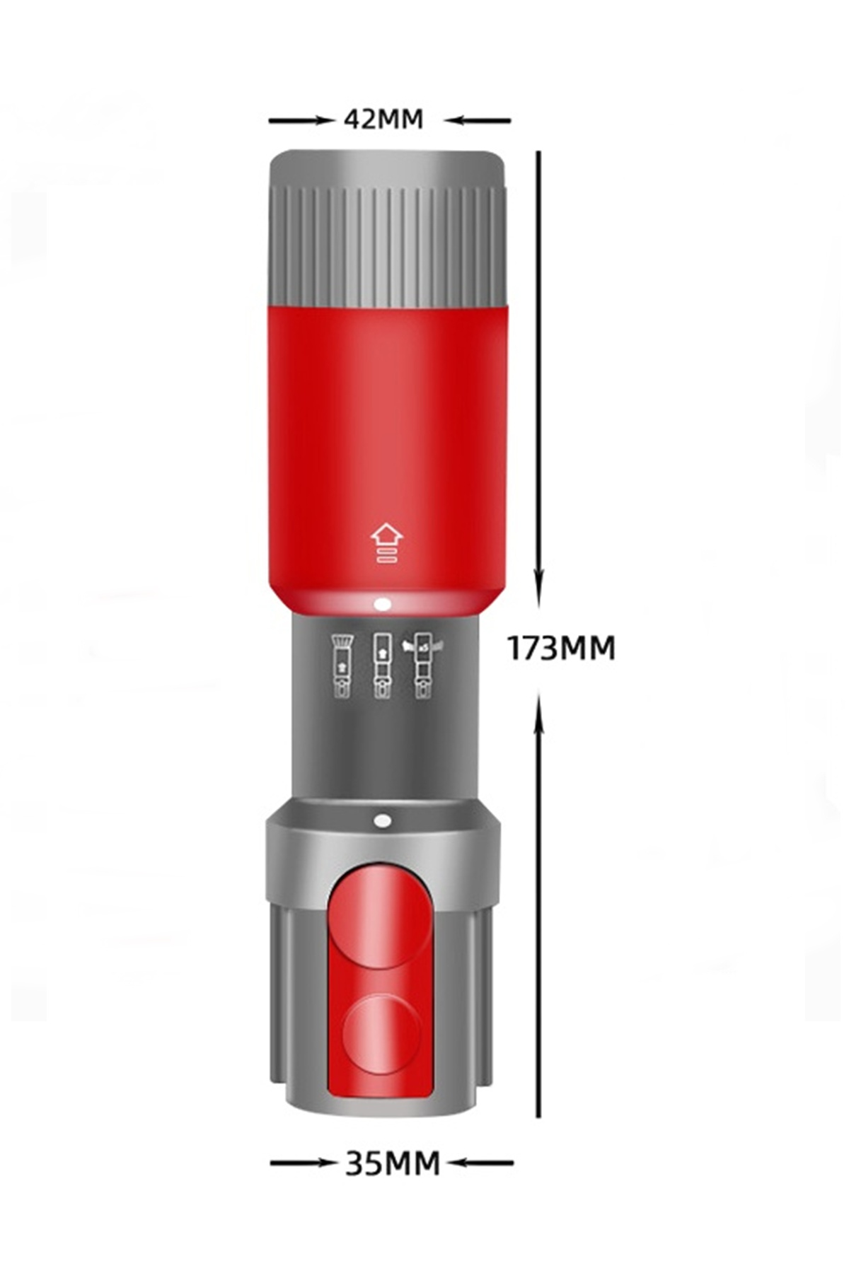 42mm, 35mm ve 173mm ölçülerine sahip kırmızı ve gri silindirik cihazın teknik çizimi.