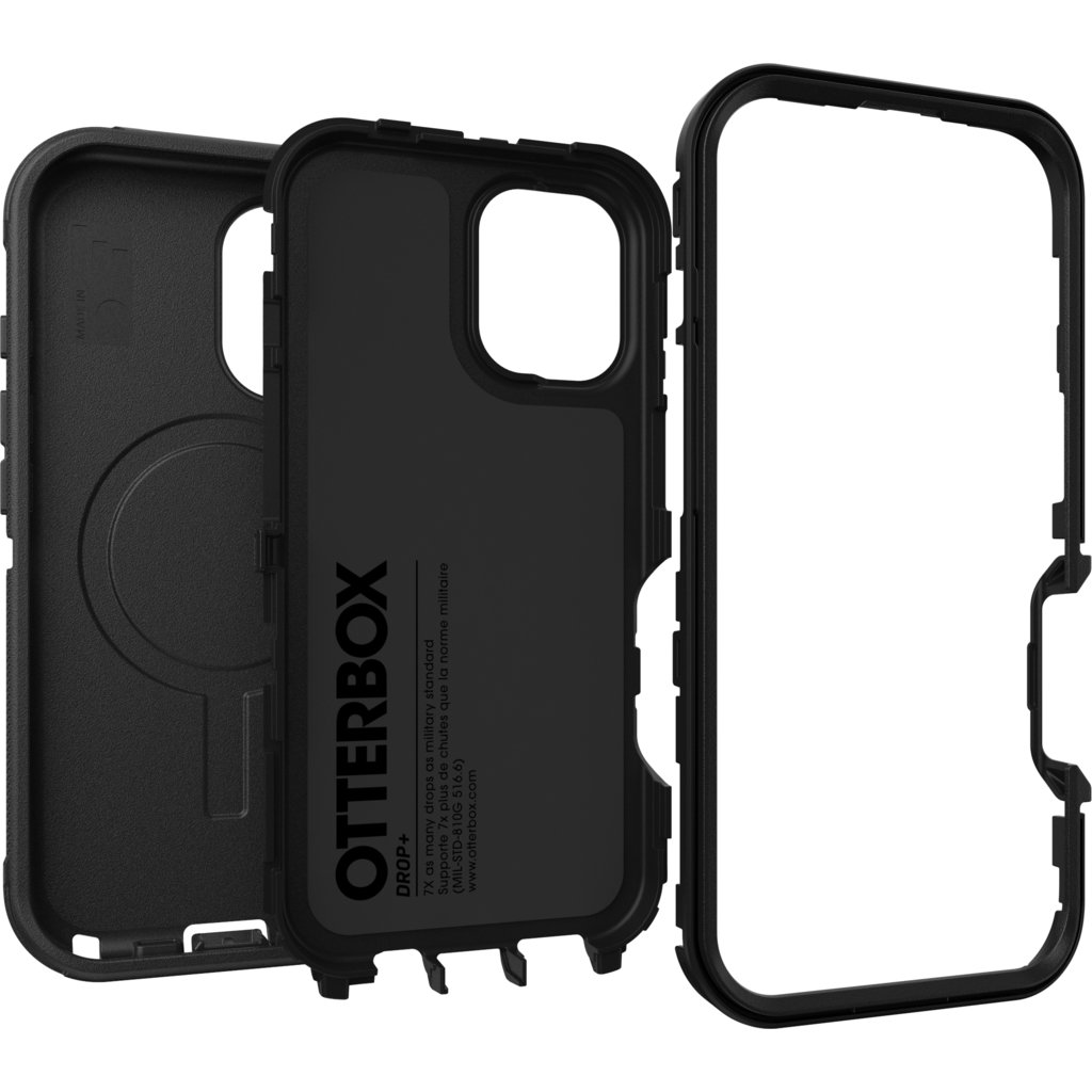 Trois composants de coque de téléphone Otterbox noire sur fond blanc.