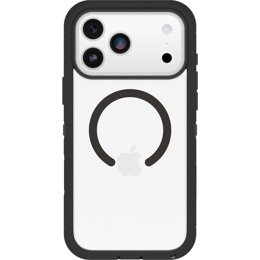 Smartphone in schwarzer Schutzhülle mit runder Magnetring-Grafik und dreifacher Kamera auf der Rückseite.