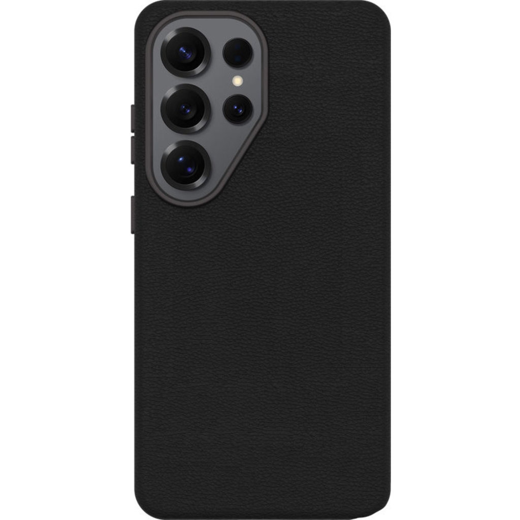 Schwarze Smartphone-Hülle mit strukturierter Oberfläche und Kameramodul oben links auf weißem Hintergrund.