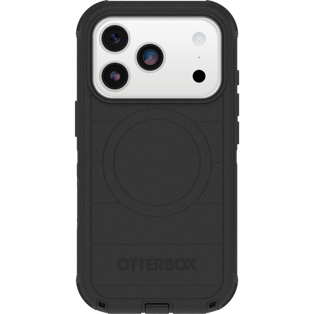 Ein schwarzes OtterBox-Smartphone-Case mit dreifachem Kameraausschnitt und MagSafe-Ring auf der Rückseite.