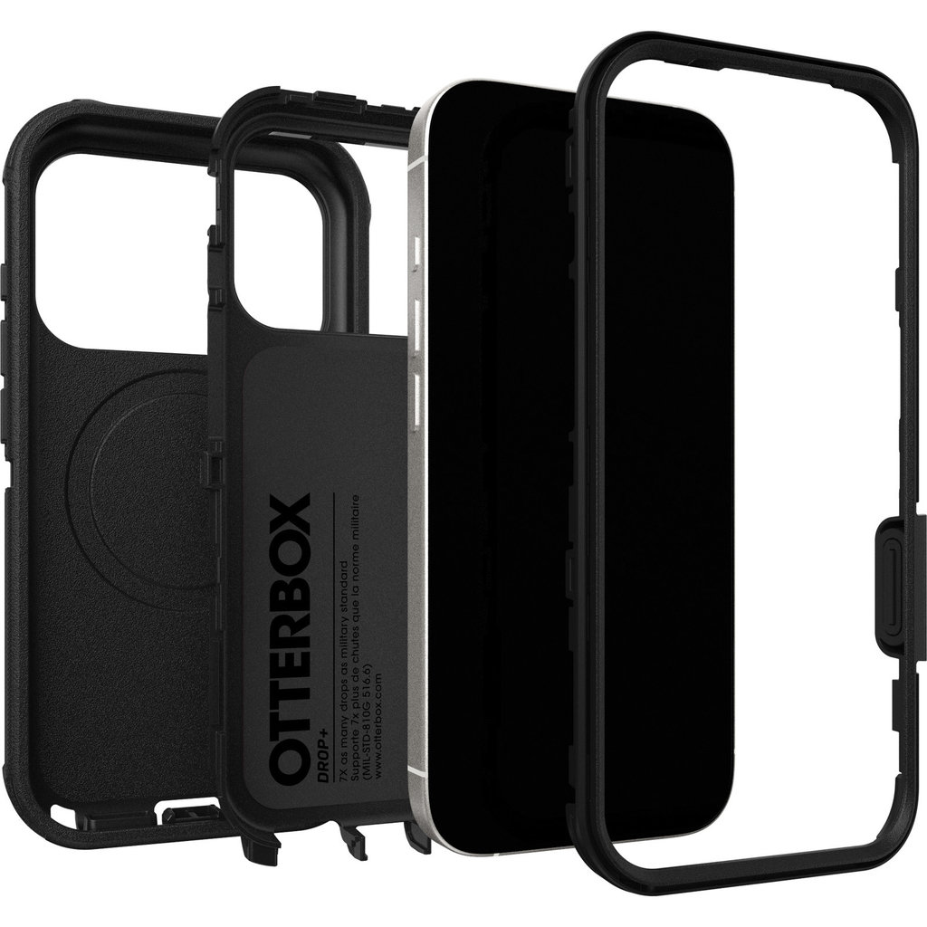Explosionsansicht eines Smartphones in einer mehrschichtigen schwarzen OtterBox-Schutzhülle auf weißem Hintergrund.