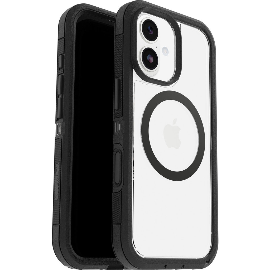 Eine schwarze Handyschutzhülle mit transparentem Rücken für das iPhone mit zwei Kameras.