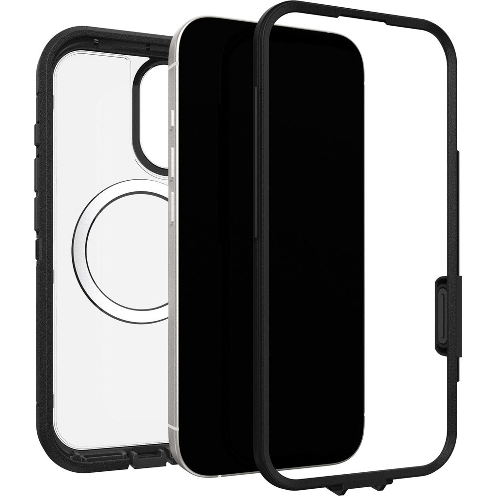 Explosionsansicht eines Smartphones in einer robusten Schutzhülle mit Rahmen.