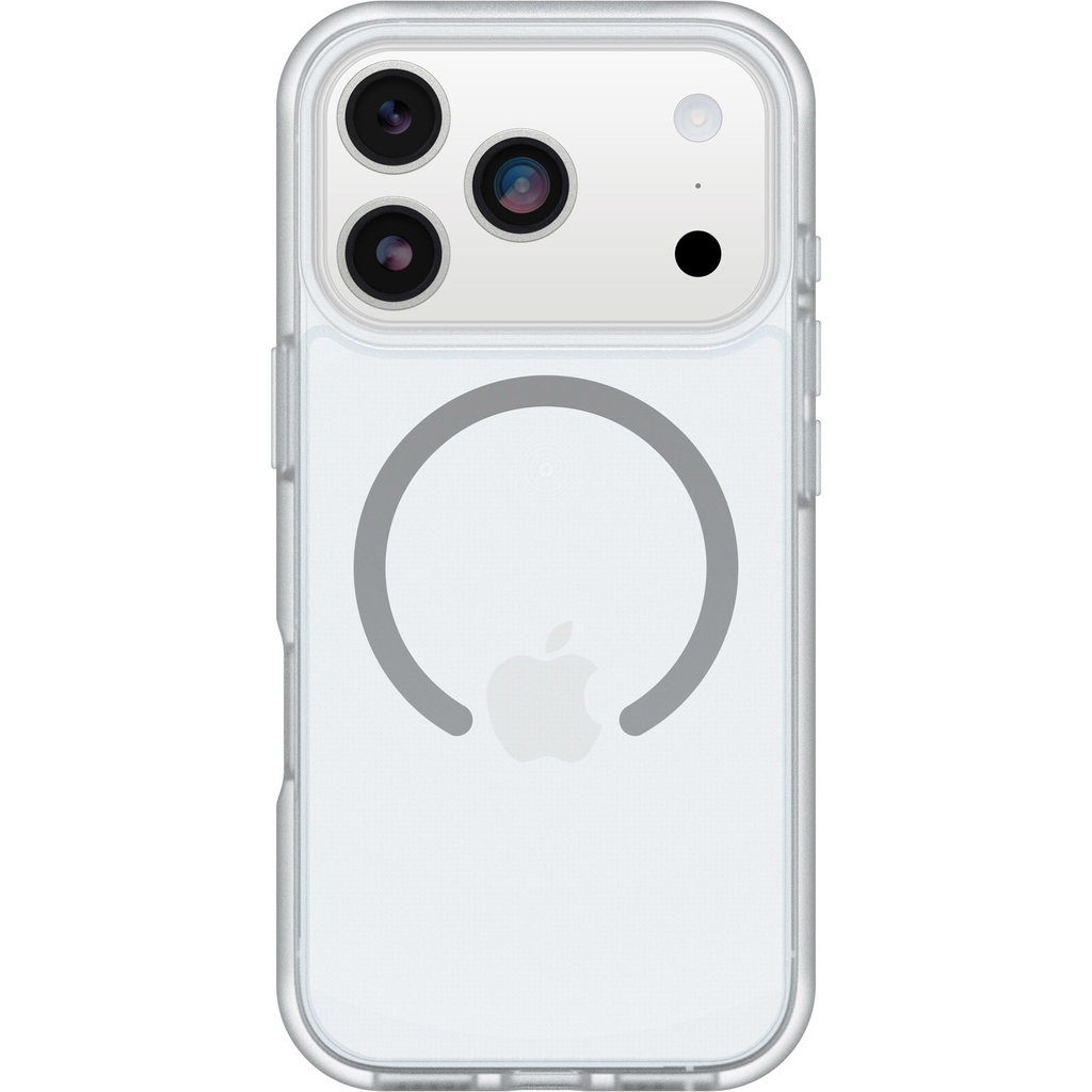 Transparente Smartphone-Hülle mit MagSafe-Ring und Ausschnitt für die dreifache Kamera auf weißem Hintergrund.