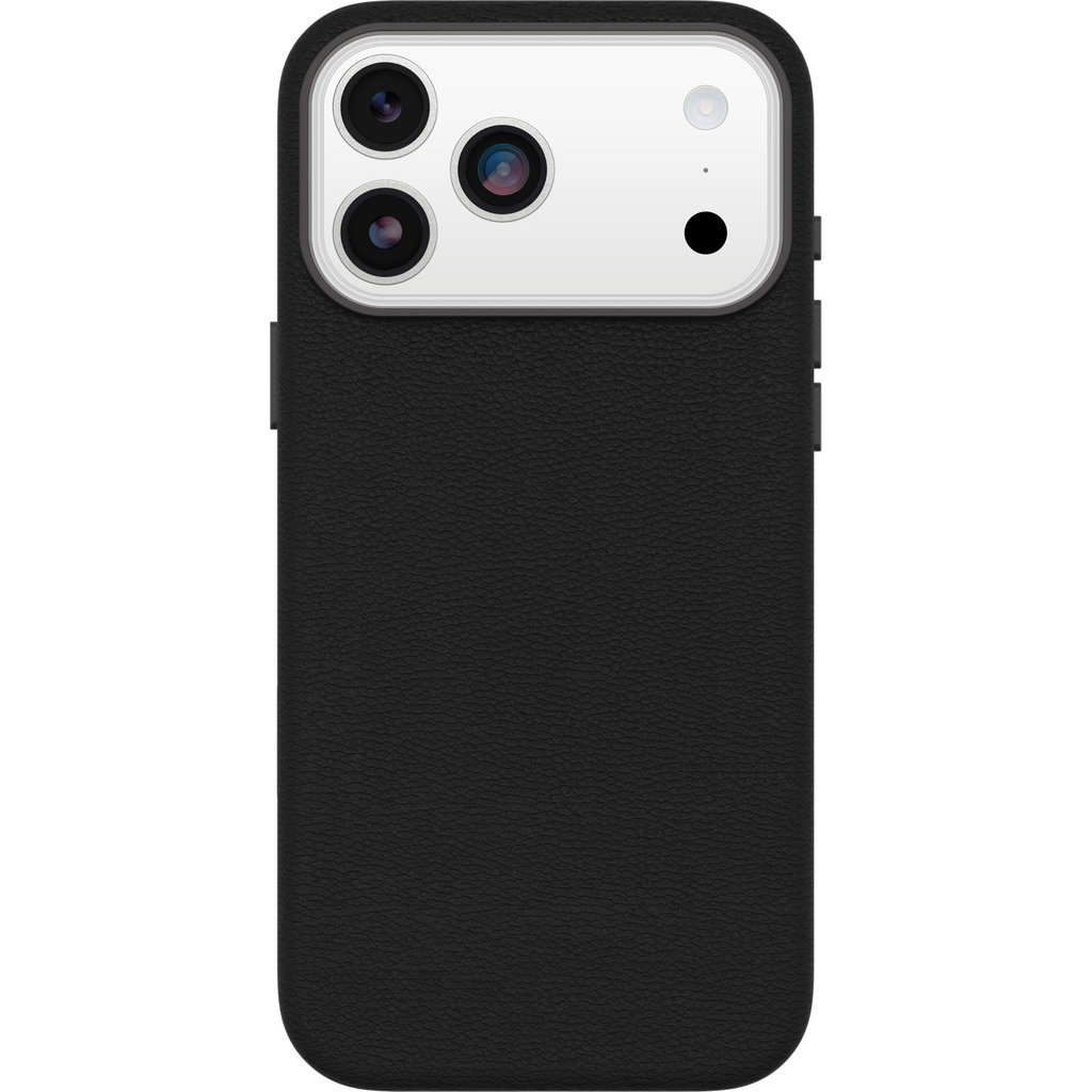 Rückseite eines schwarzen Smartphones mit Lederhülle und einer silbernen Kamerainsel mit drei Linsen oben.