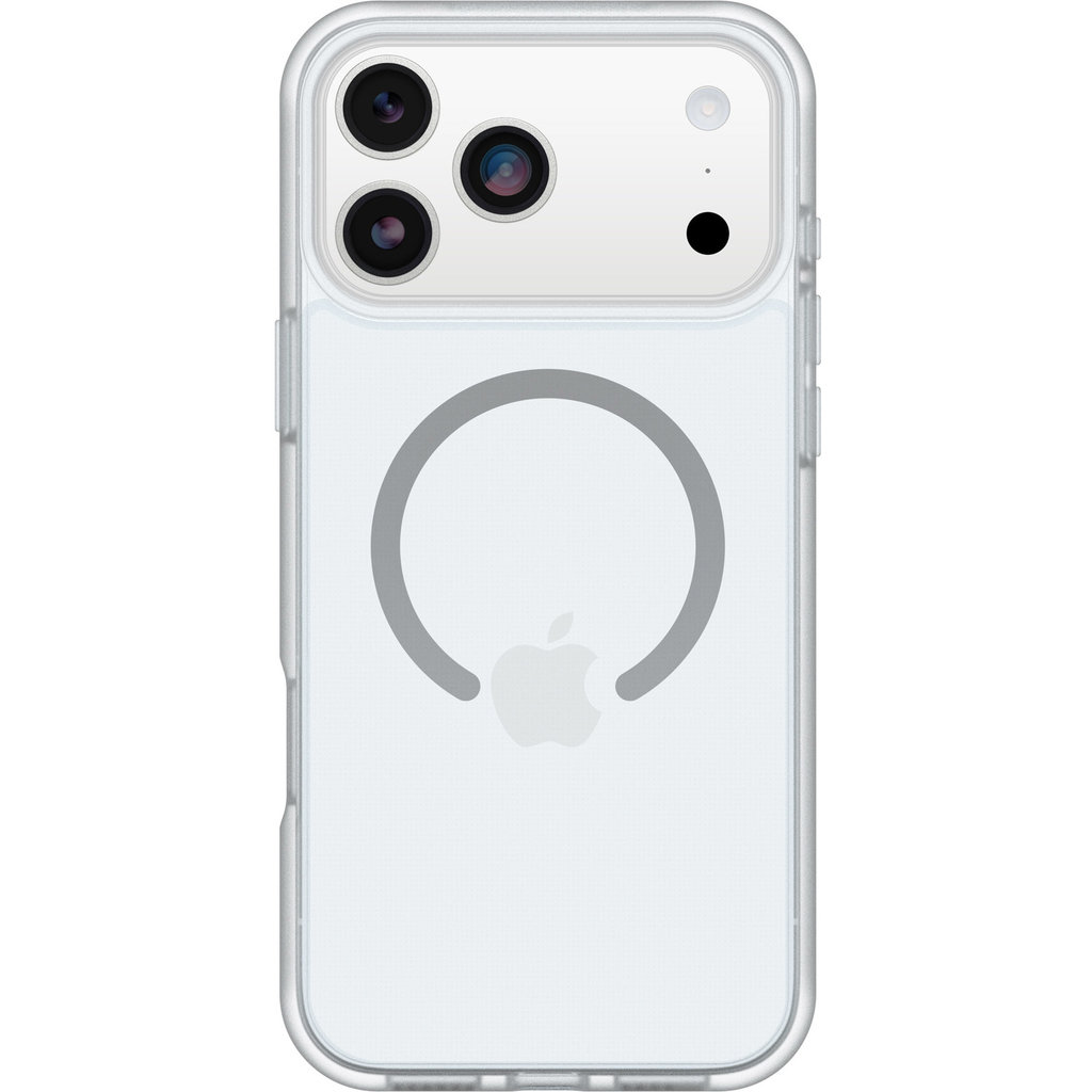 Rückseite einer transparenten Schutzhülle mit MagSafe-Ring und Kameraausschnitt für ein iPhone.