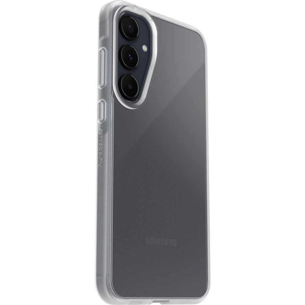 A smartphone inside a clear protective case, back view.