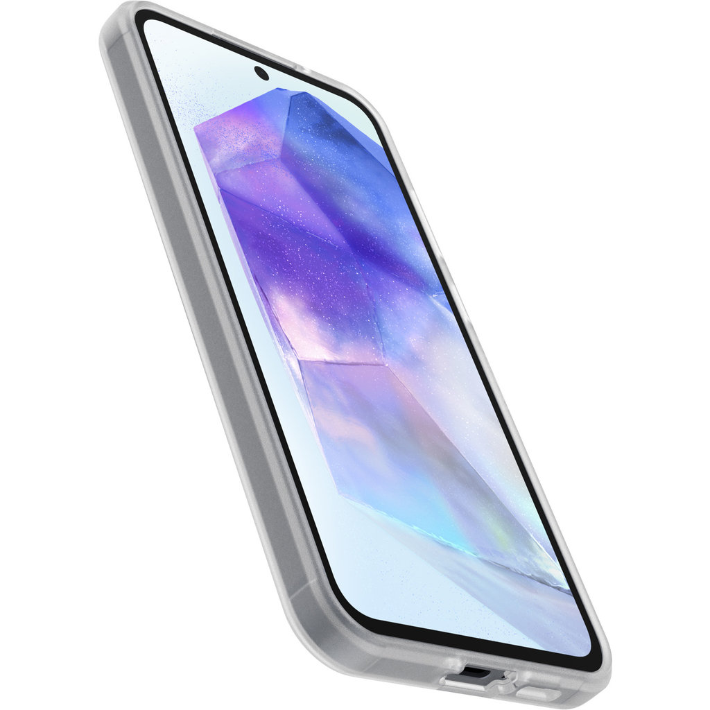 A smartphone in a clear protective case displays a vibrant blue and purple crystal wallpaper against a white background.