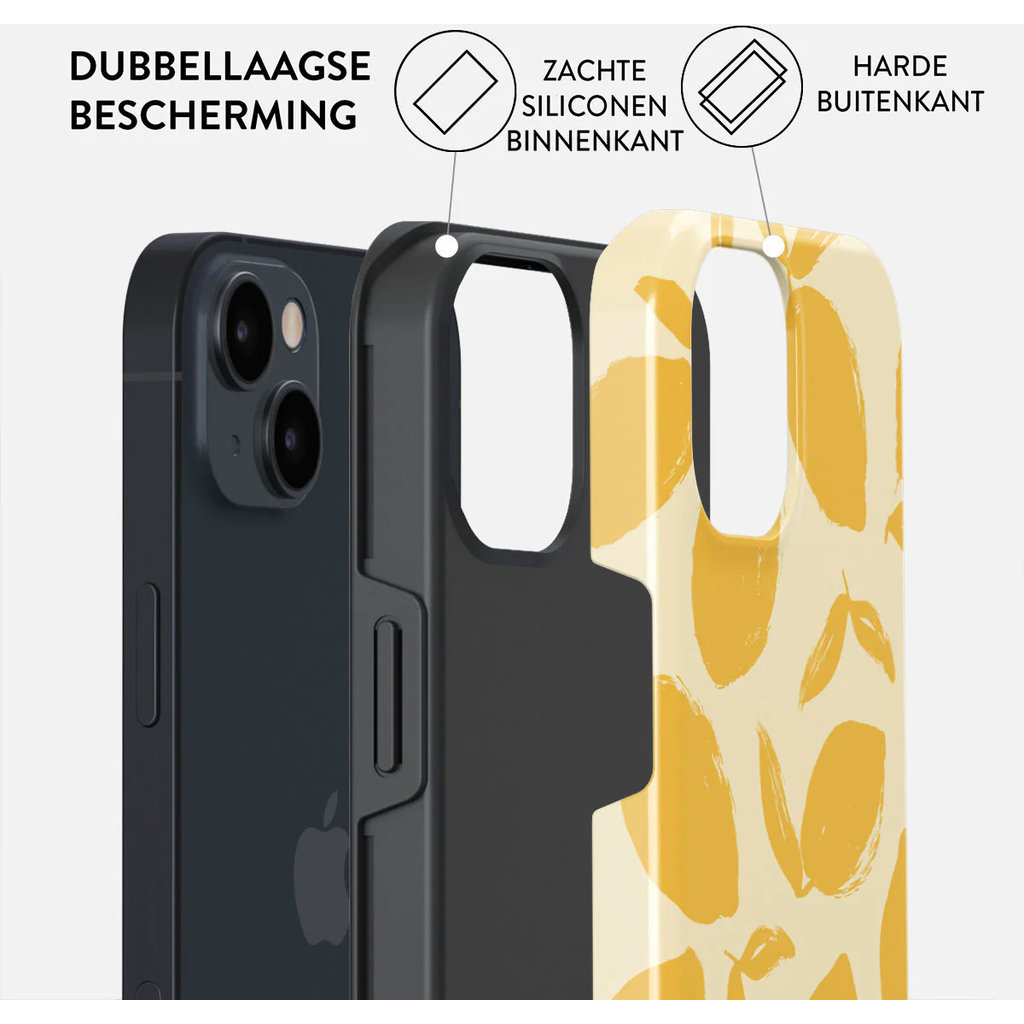 Smartphone with double protection case, soft silicone inside and hard exterior with yellow lemons.