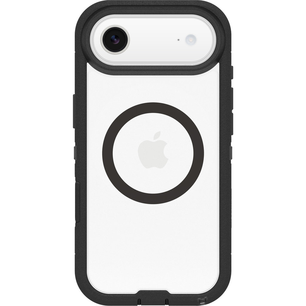 Schwarze iPhone-Hülle mit MagSafe-Ring und Kameraaussparung auf weißem Hintergrund.