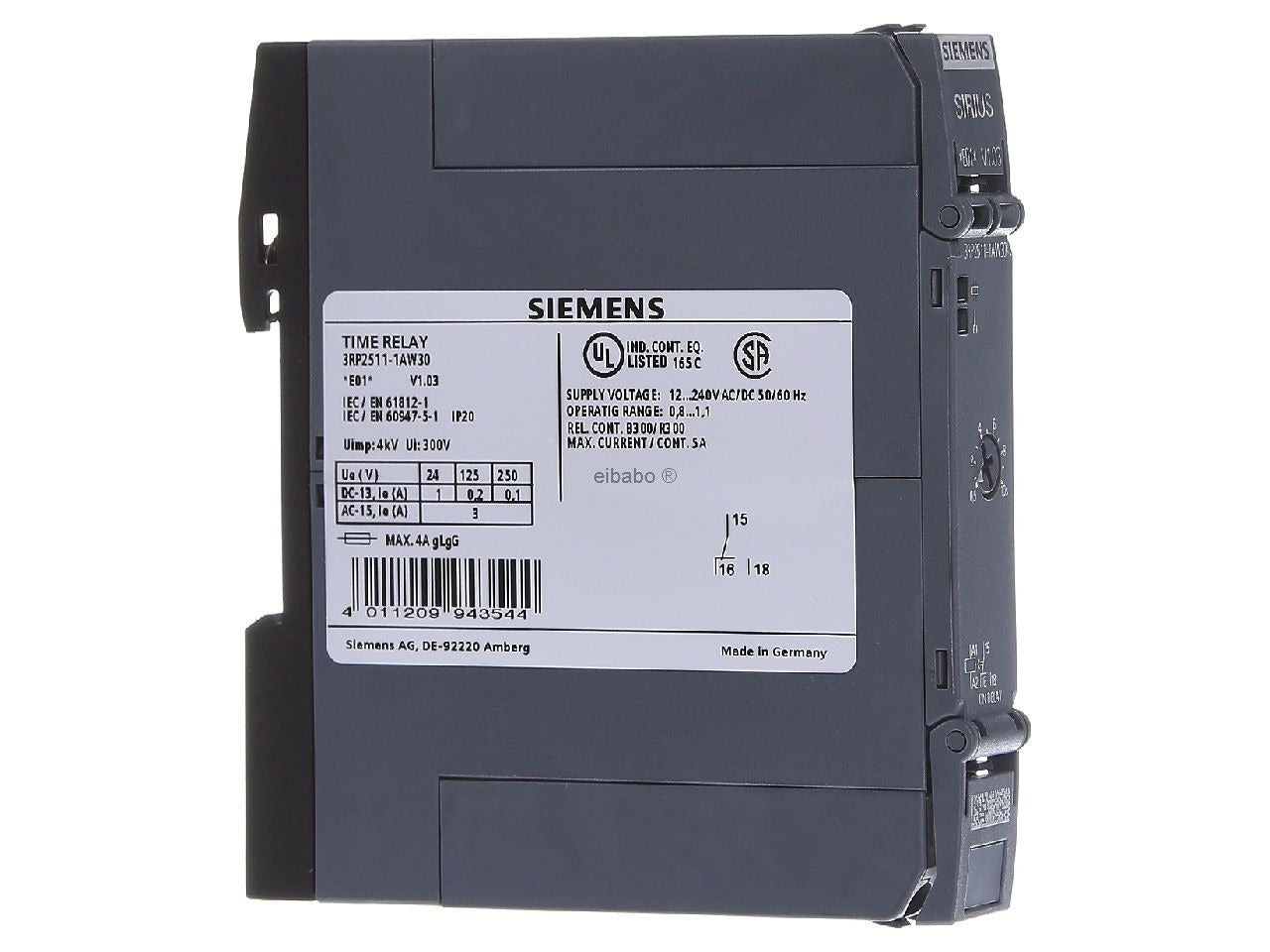 Ein graues Siemens-Zeitrelais mit weißem Typenschild und elektronischen technischen Daten.