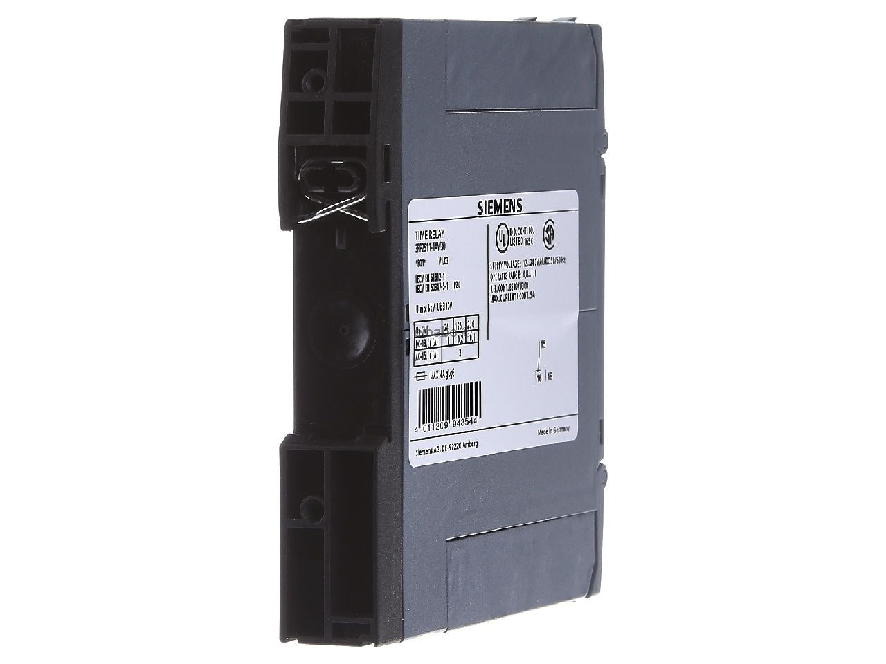 Ein graues Siemens-Zeitrelaismodul mit technischen Daten und Strichcode auf weißem Etikett.