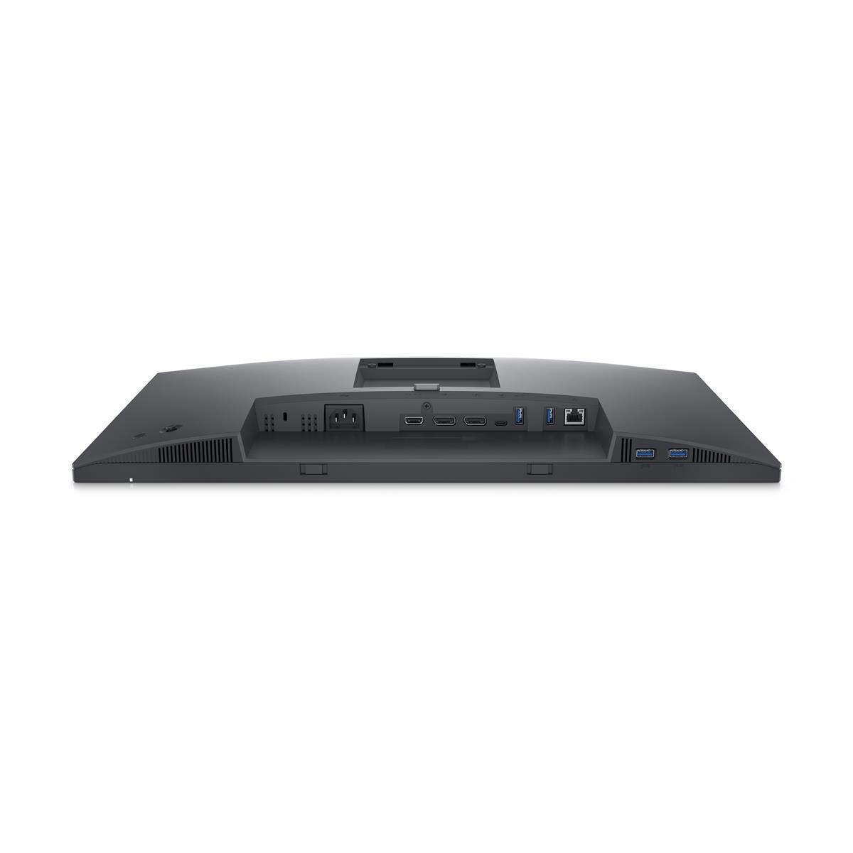 Rear view of a dark monitor with various connection and USB ports.
