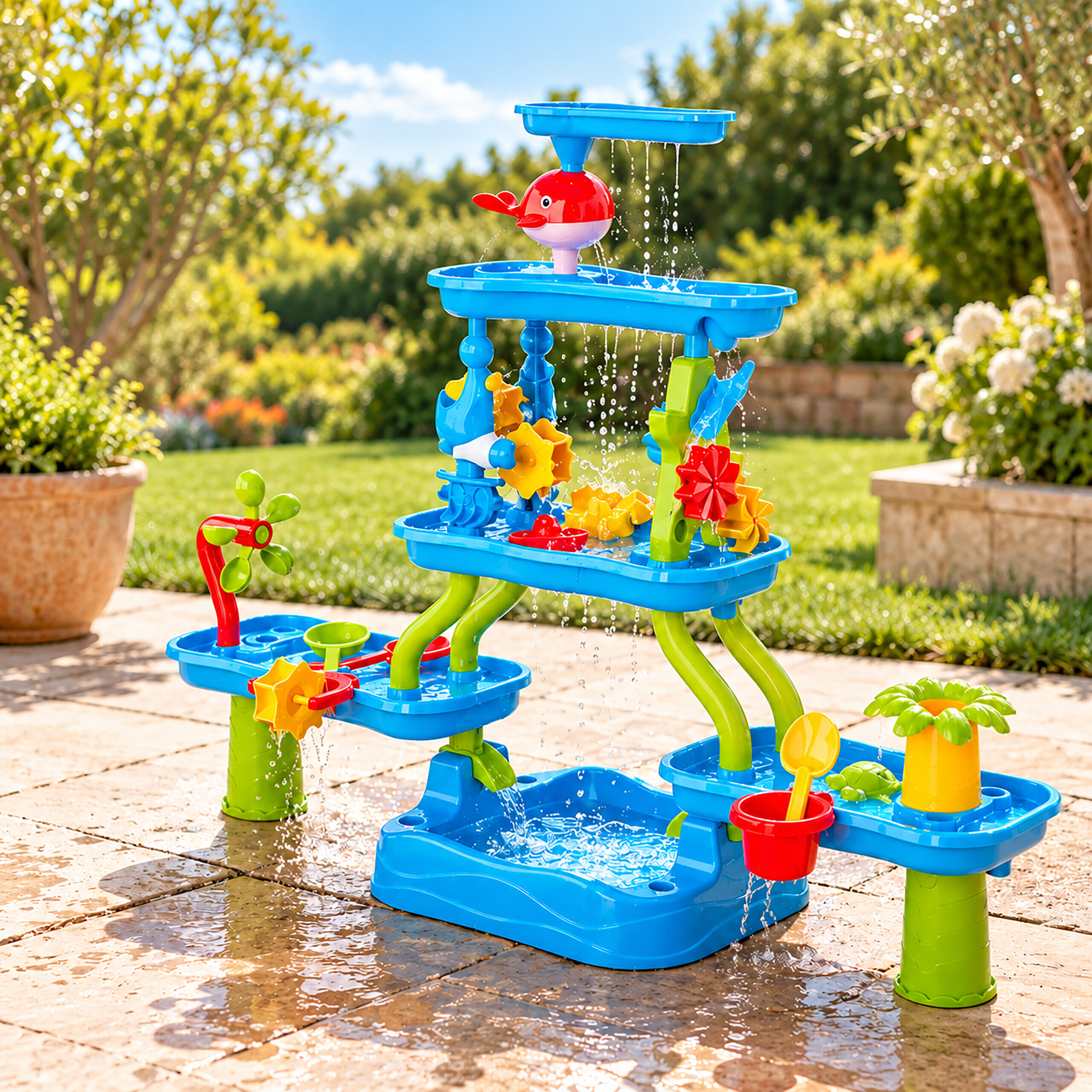 Ein buntes Wasserspielzeug für Kinder im Freien auf einer Terrasse mit fließendem Wasser.