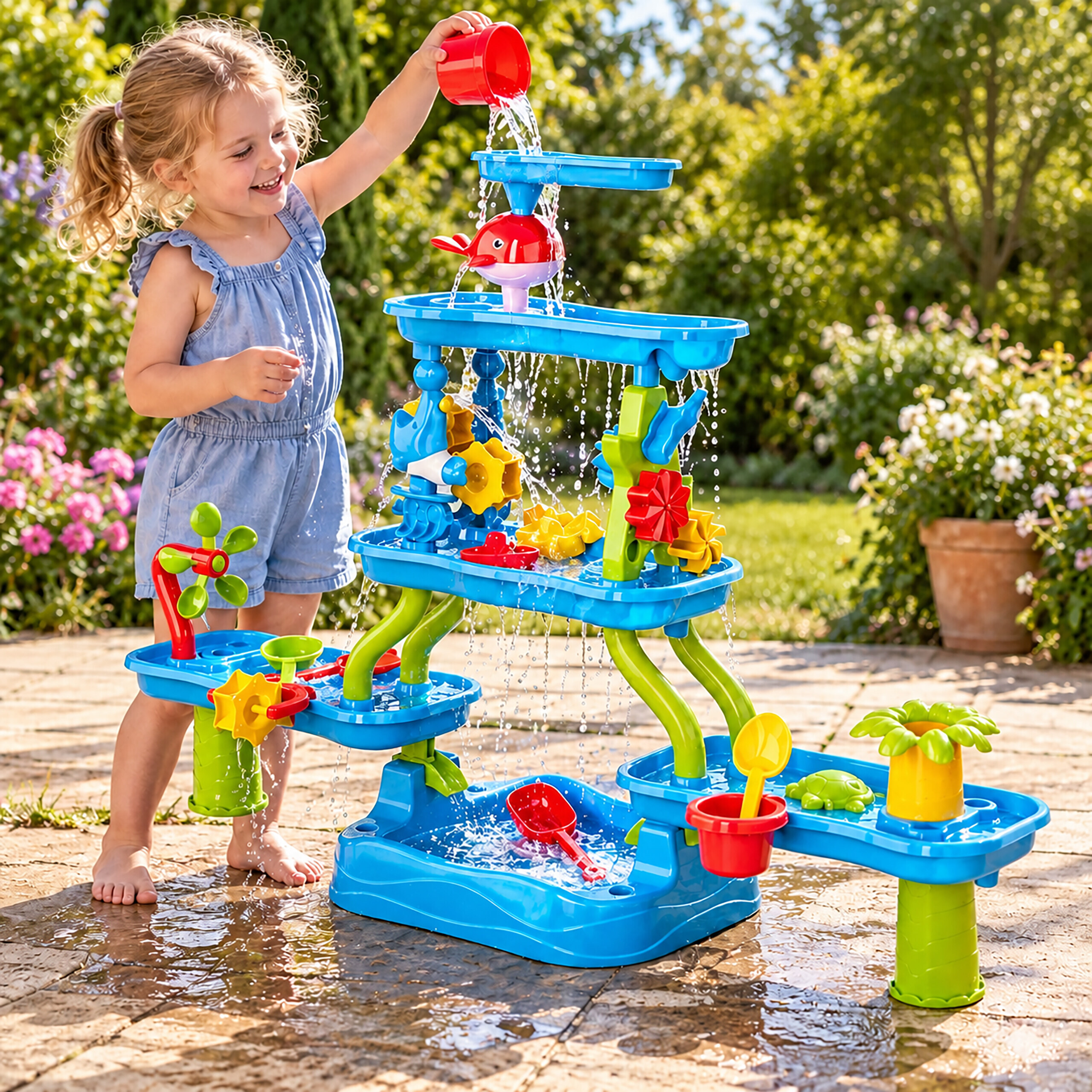 Ein kleines Mädchen in einem blauen Strampler gießt Wasser in einen bunten Wasserspielstisch im Garten.