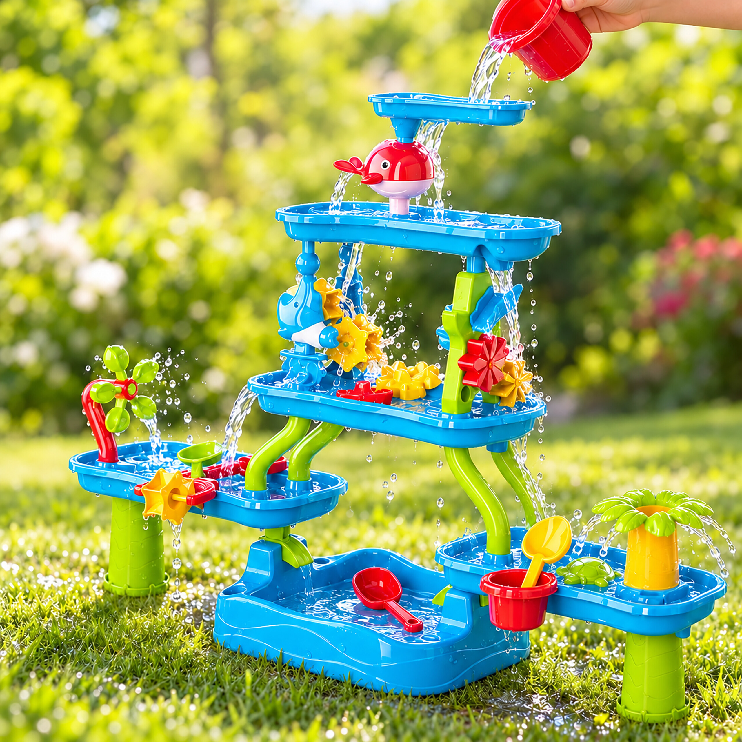 Wasser wird auf eine bunte mehrstöckige Plastik-Wasserrutsche auf grünem Rasen gegossen.