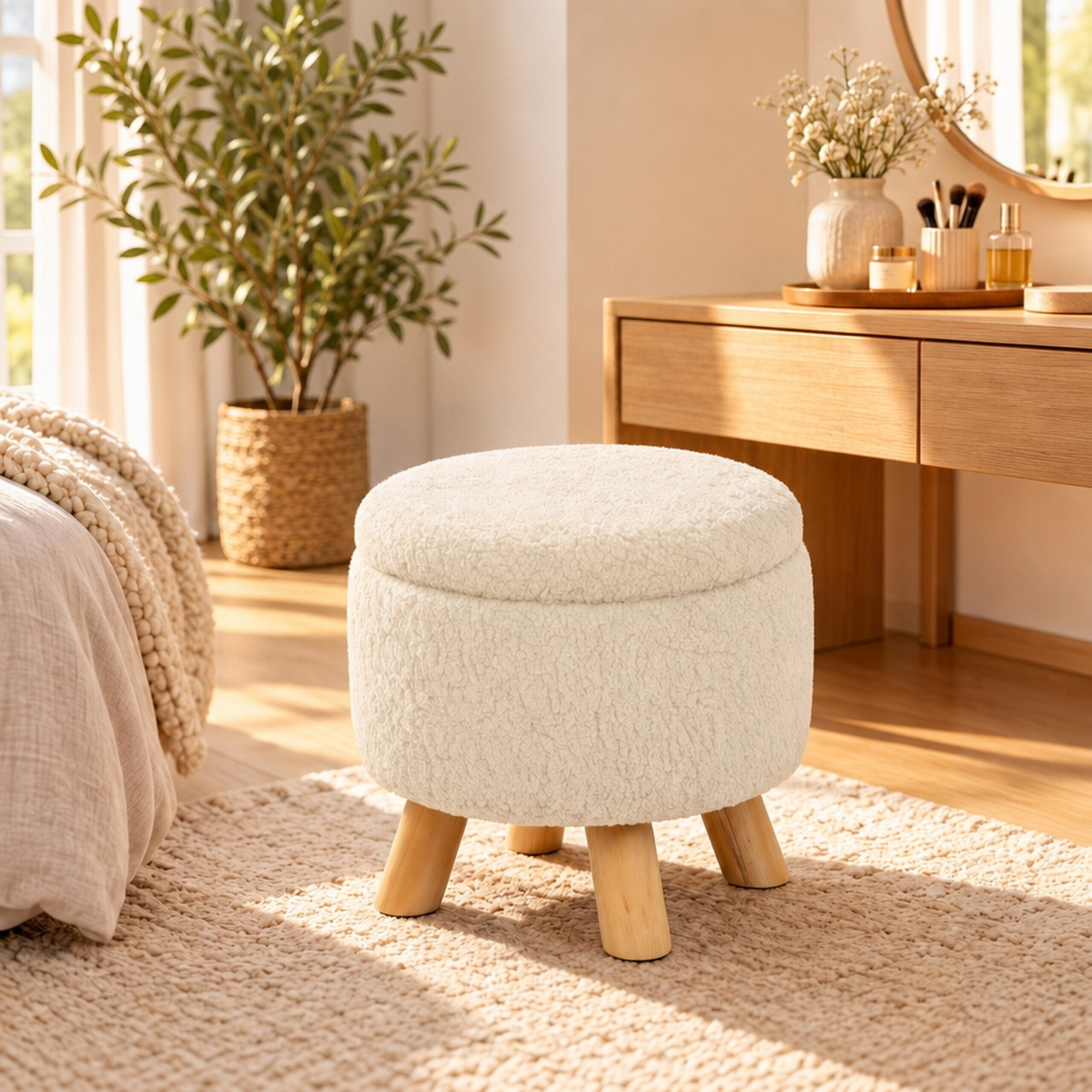 Ein flauschiger, runder weißer Hocker mit Holzbeinen steht auf einem Teppich in einem sonnigen Schlafzimmer.