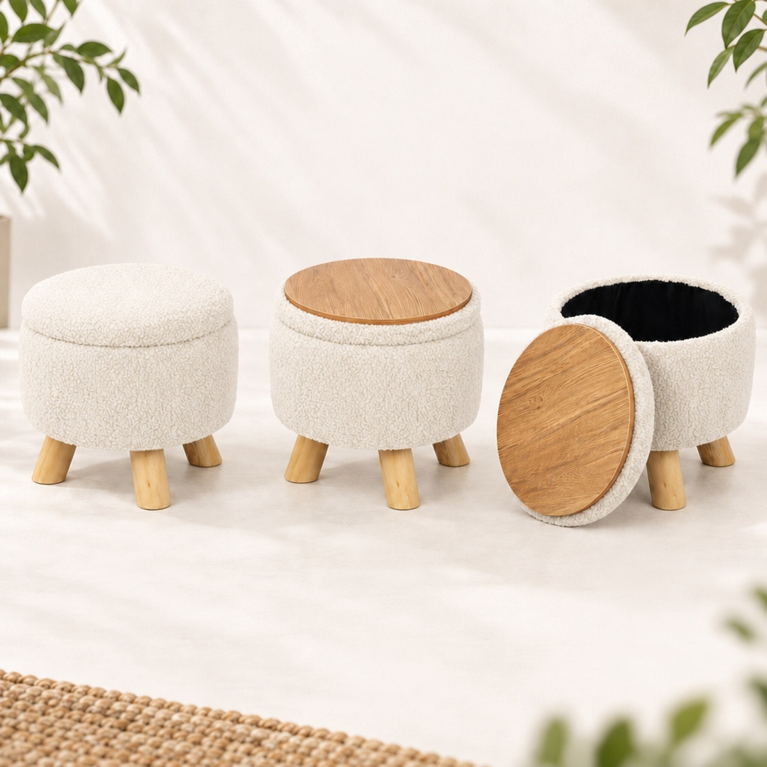 Drei weiße, flauschige Hocker mit Holzbeinen, einer mit abnehmbarem Holzdeckel daneben.