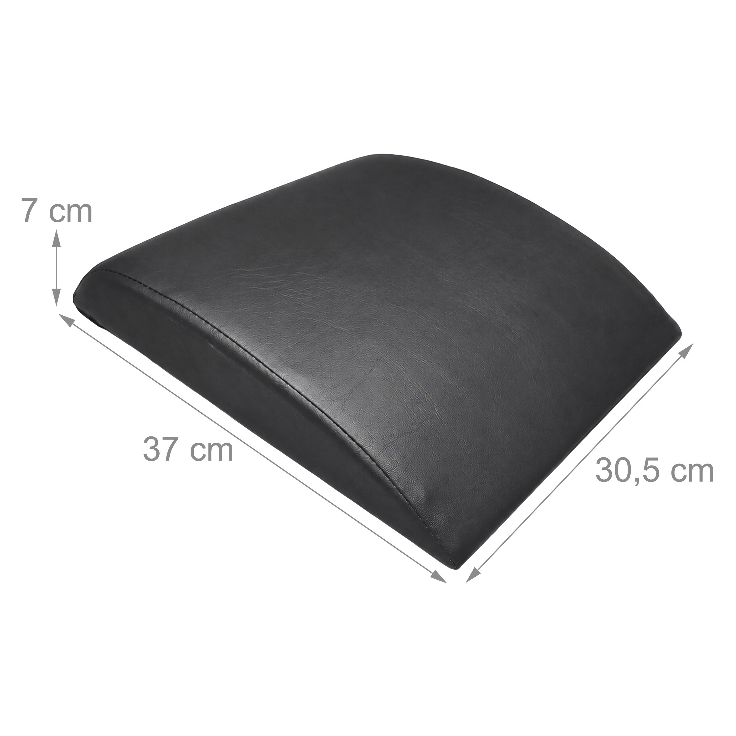 Eine schwarze, geschwungene Bauchmatte mit den Maßen 37 cm, 30,5 cm und 7 cm vor weißem Hintergrund.