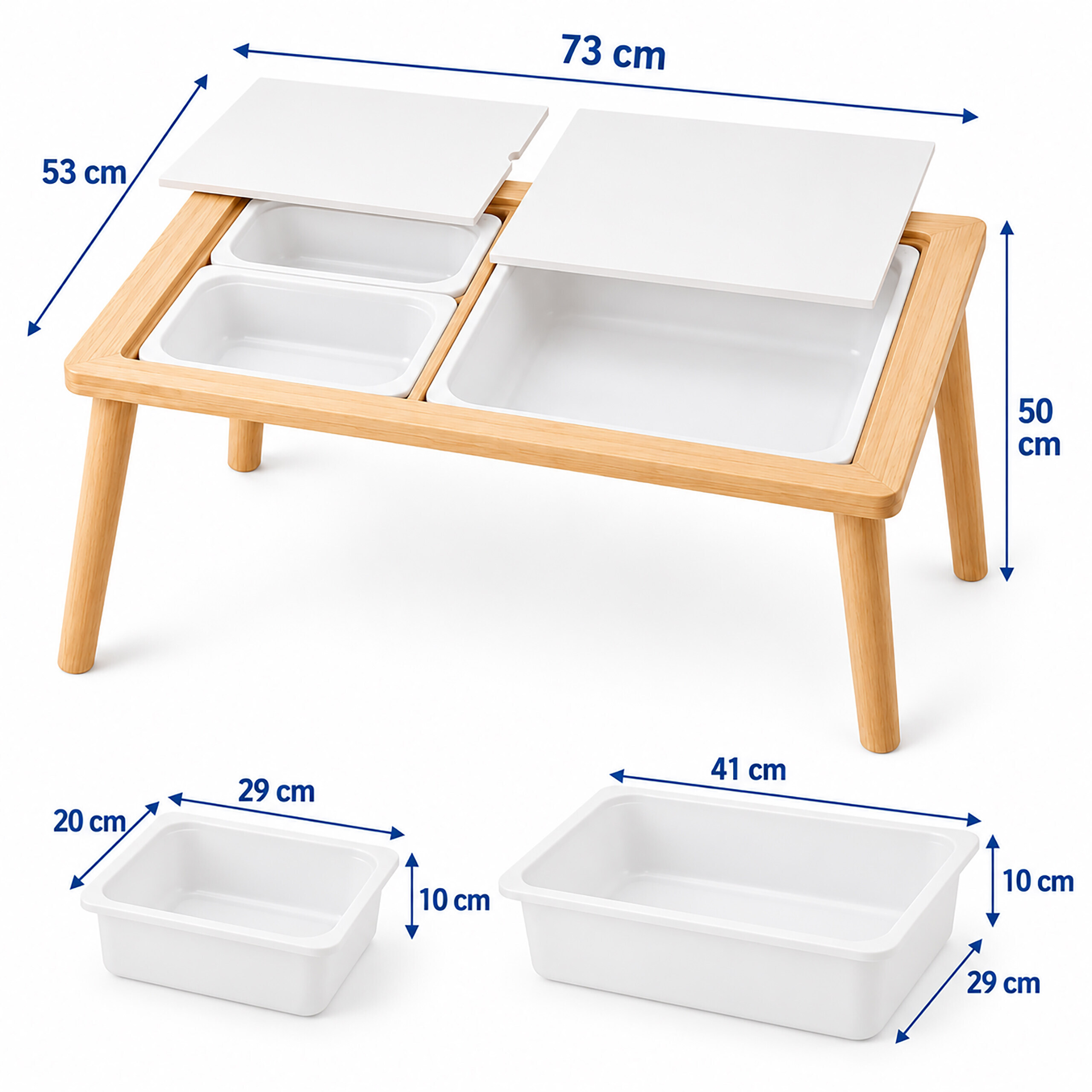 Kindertisch aus Holz mit weißen Deckeln und Plastikboxen, Maße in cm angegeben.
