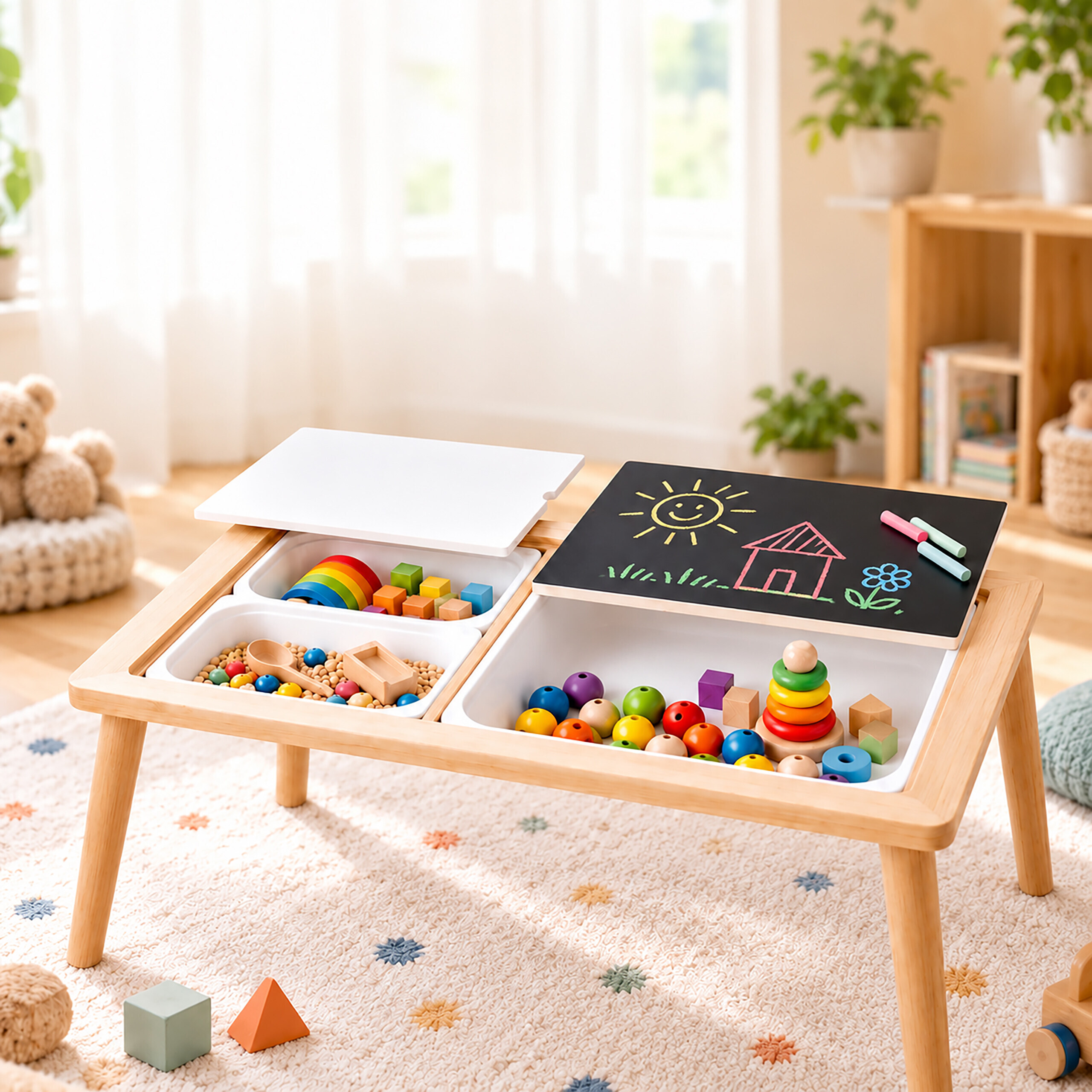 Ein Kinderspieltisch aus Holz mit integrierten Aufbewahrungsfächern und einer abnehmbaren Tafel, gefüllt mit bunten Holzspielzeugen.