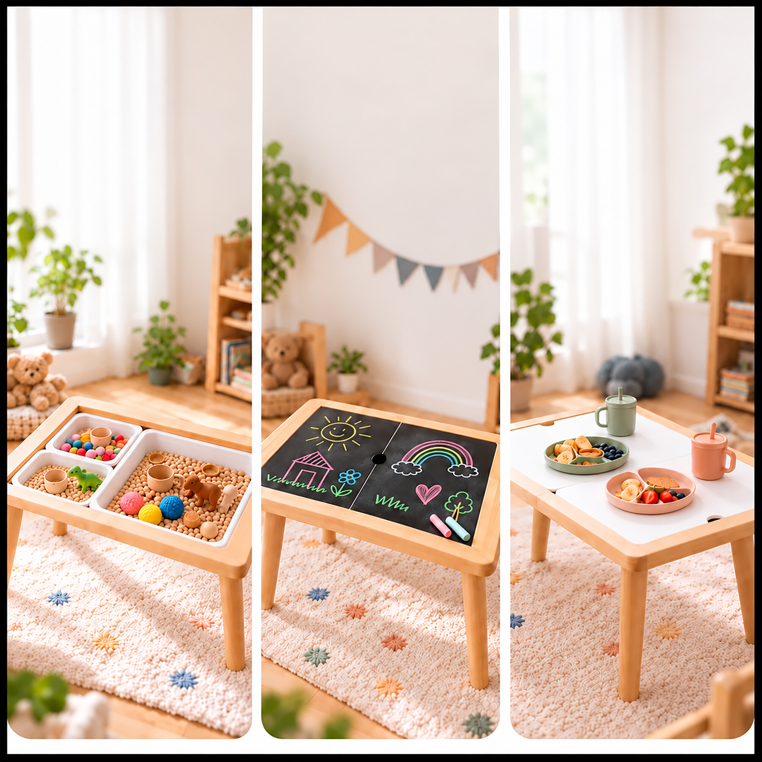 Ein multifunktionaler Holzkinder-Tisch mit Fühlboxen, Tafeloberfläche und Kindertellern in einem hellen Raum.