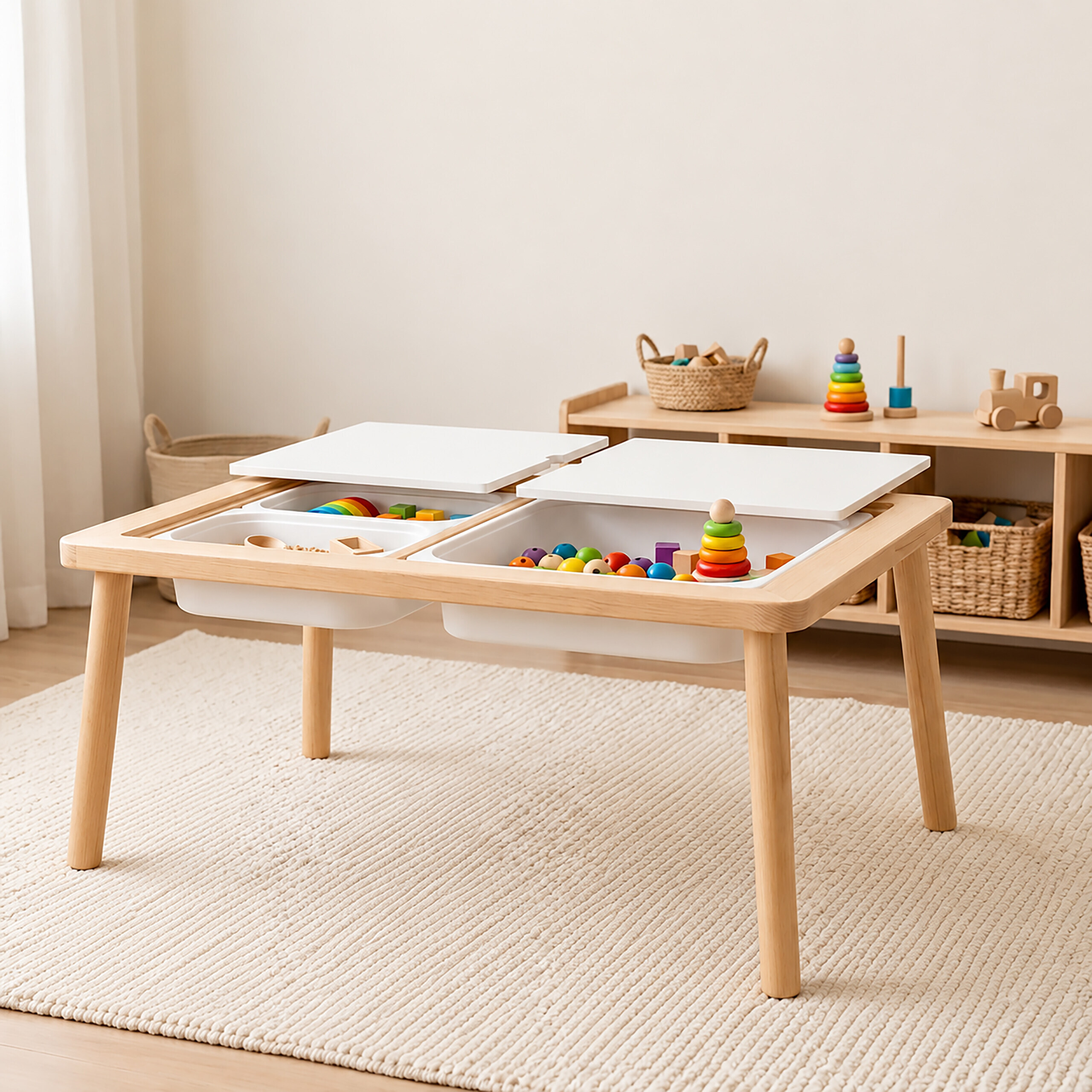 Ein Holztisch mit weißen Schubladen voller Spielzeug steht auf einem Teppich in einem hellen Zimmer.