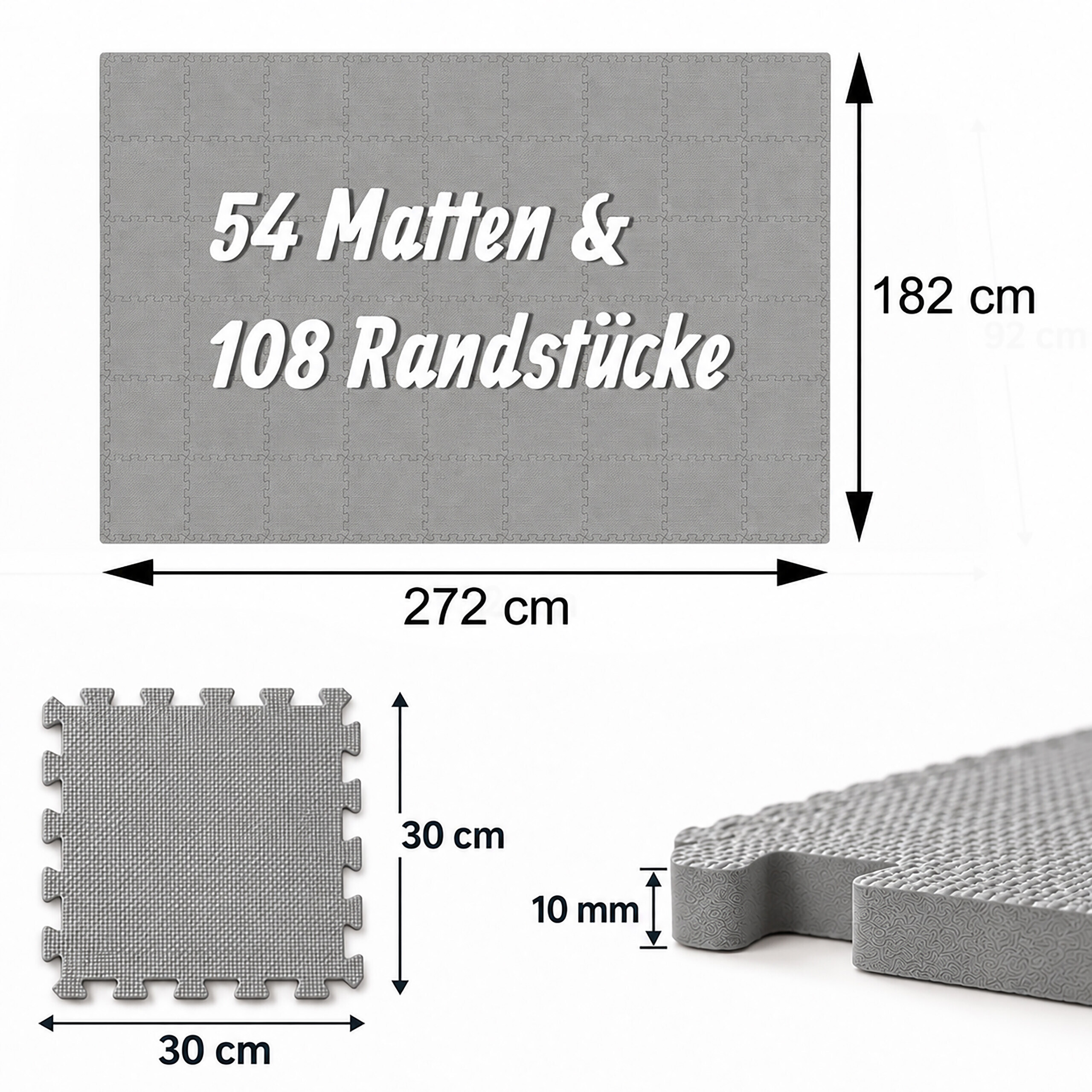 Graue Schaumstoff-Puzzlematten, 272x182 cm, 54 Matten, 108 Randstücke, je 30x30 cm und 10 mm dick.
