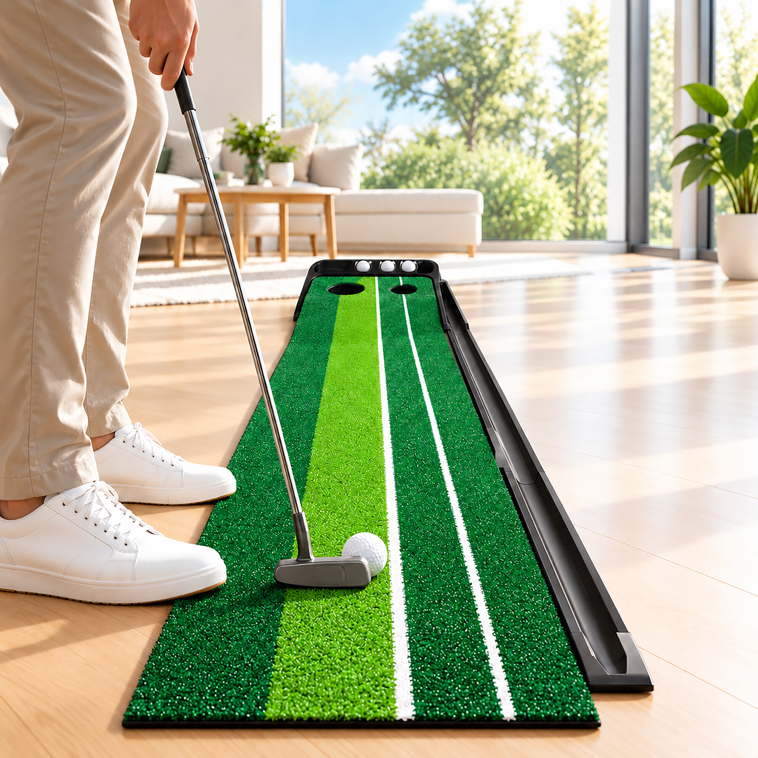 Ein Mann in hellen Hosen übt Golf auf einer Putting-Matte im Wohnzimmer.