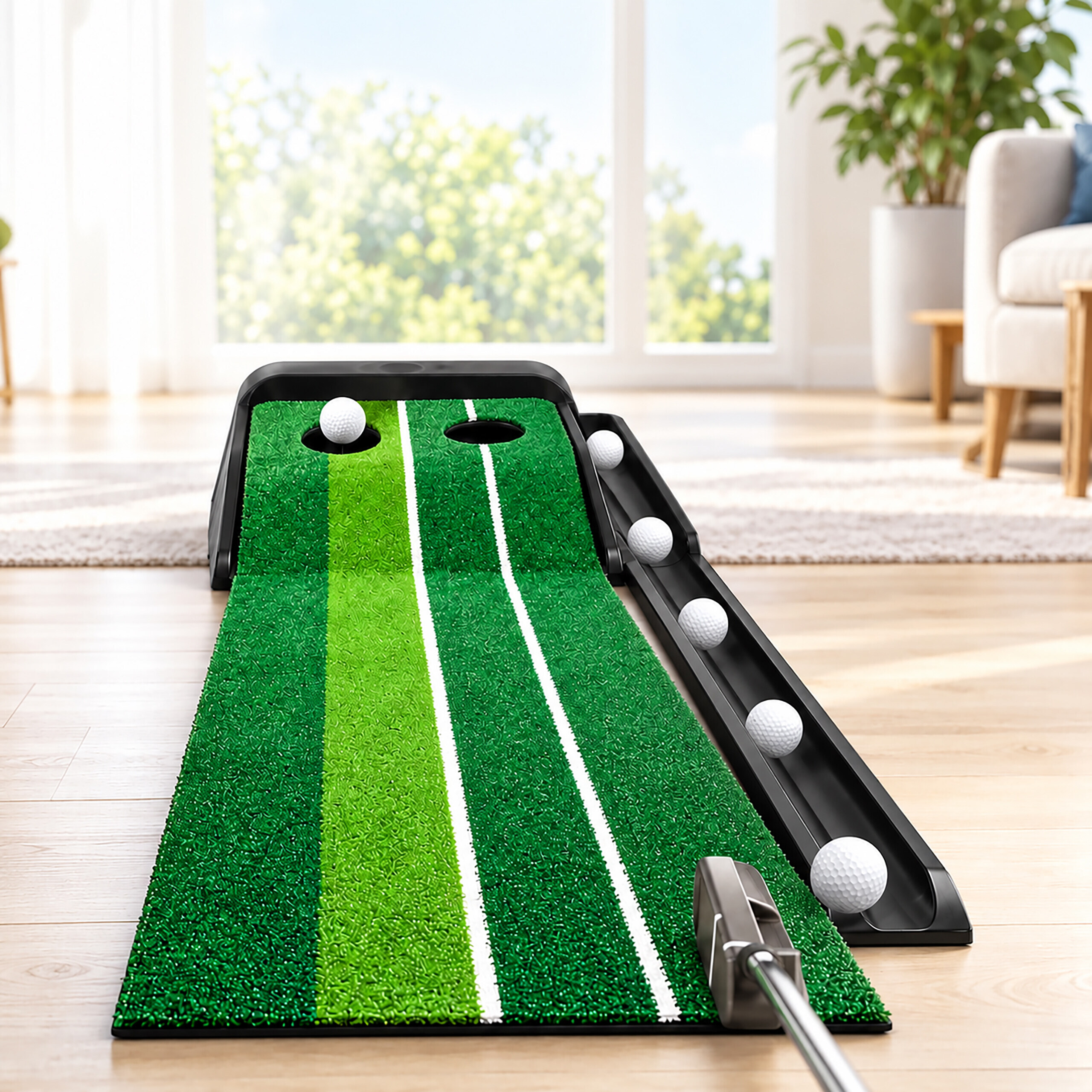 Eine Indoor-Putting-Grün-Matte mit weißen Führungslinien, Golfbällen und Rücklaufbahn in hellem Raum.