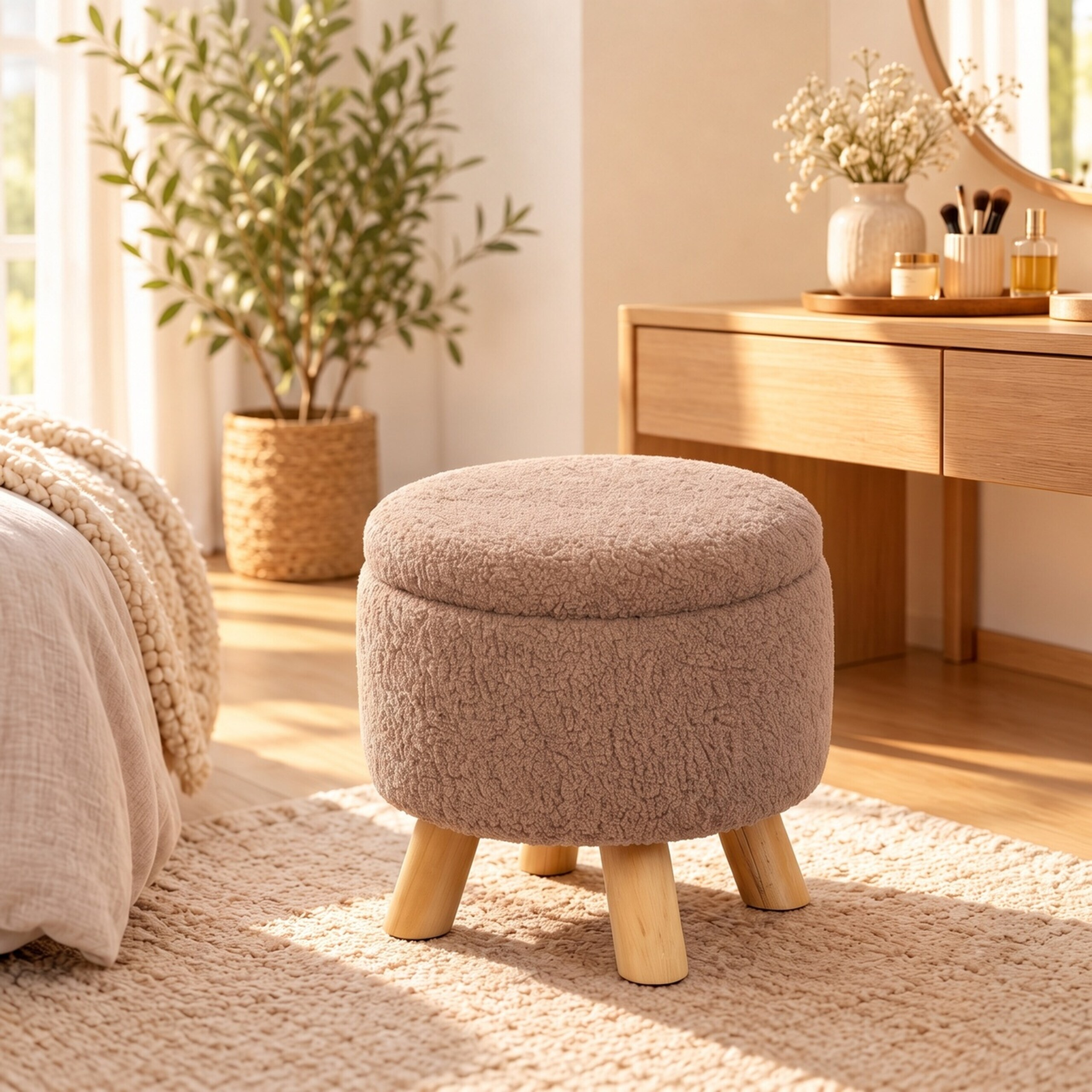 Ein flauschiger, rosbrauner Hocker mit Holzbeinen steht in einem sonnigen Schlafzimmer auf einem Teppich.