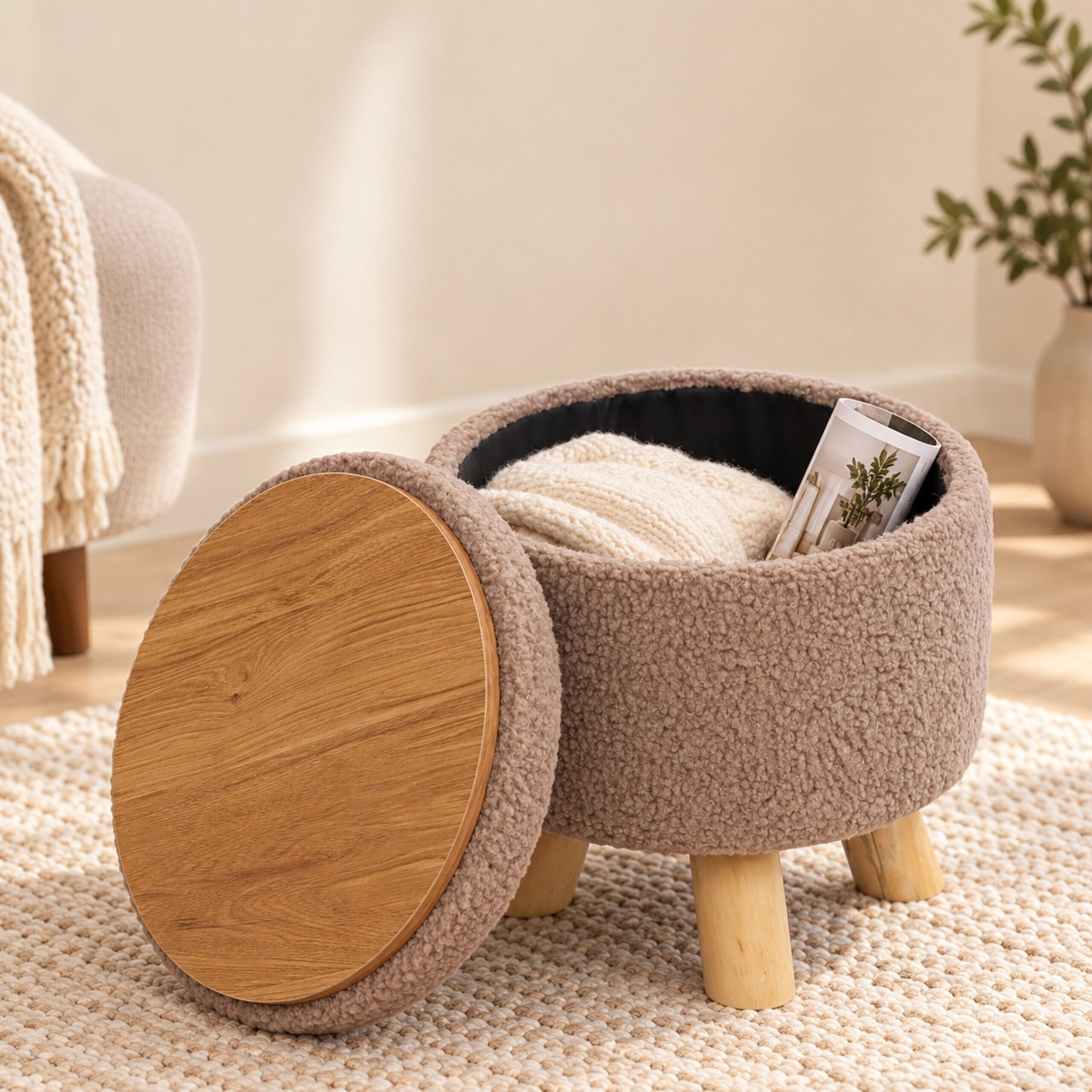 Ein flauschiger, beiger Aufbewahrungshocker mit Holzbeinen und abnehmbarem Holzdeckel, gefüllt mit Decken.