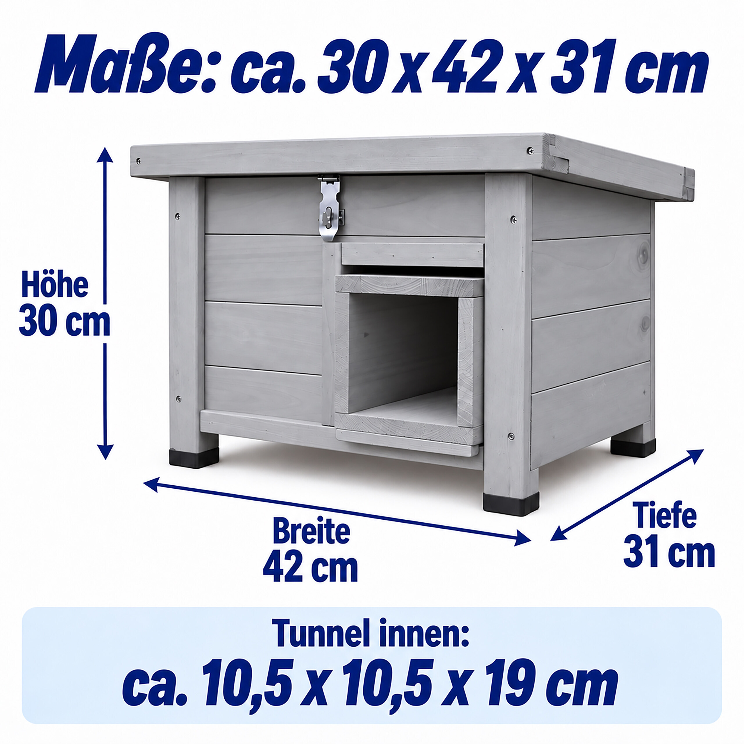Graues Katzenhaus aus Holz mit Maßen und Tunnelangaben.