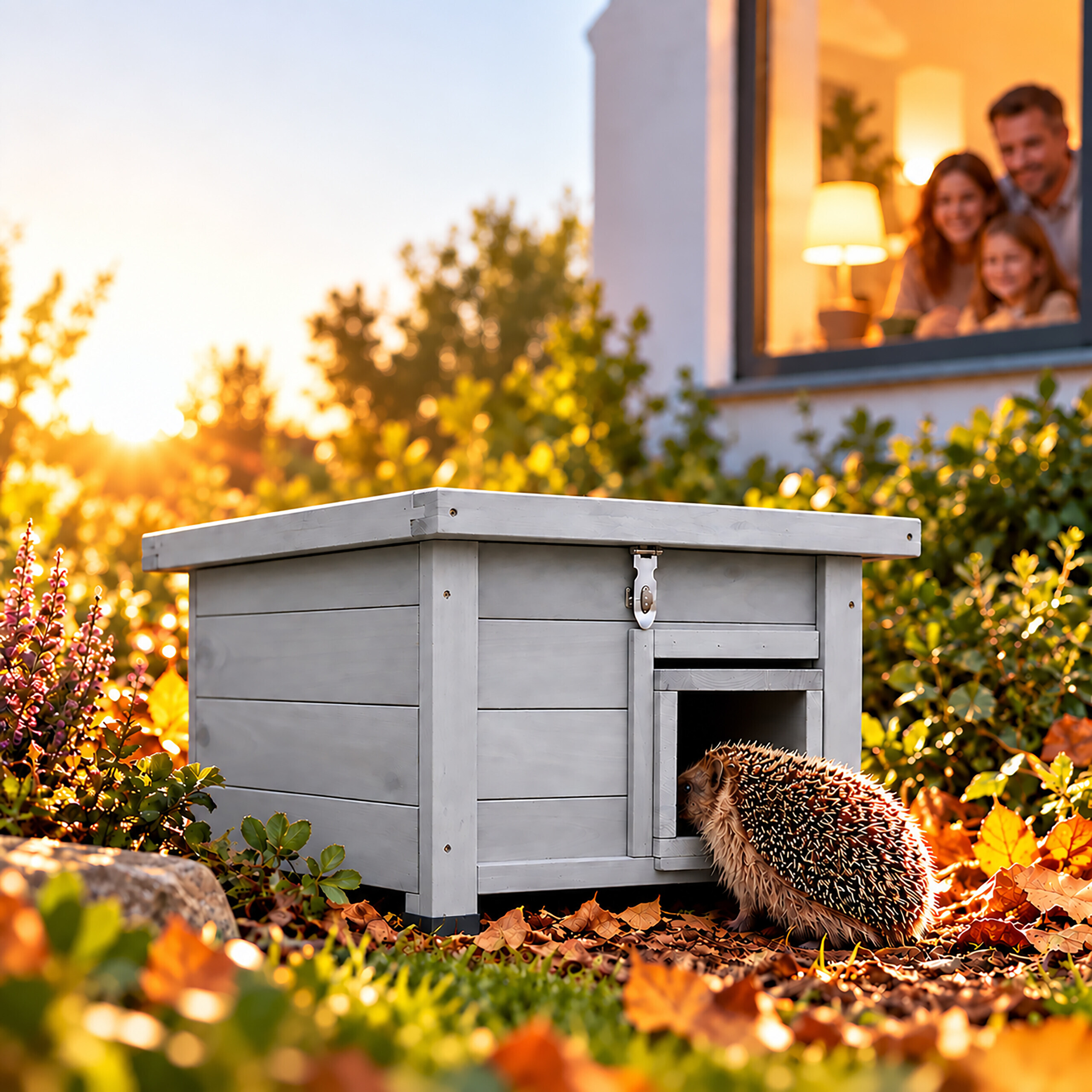 Ein kleiner Igel geht in ein graues Holzhaus im herbstlichen Garten, während eine Familie im Fenster zuschaut.