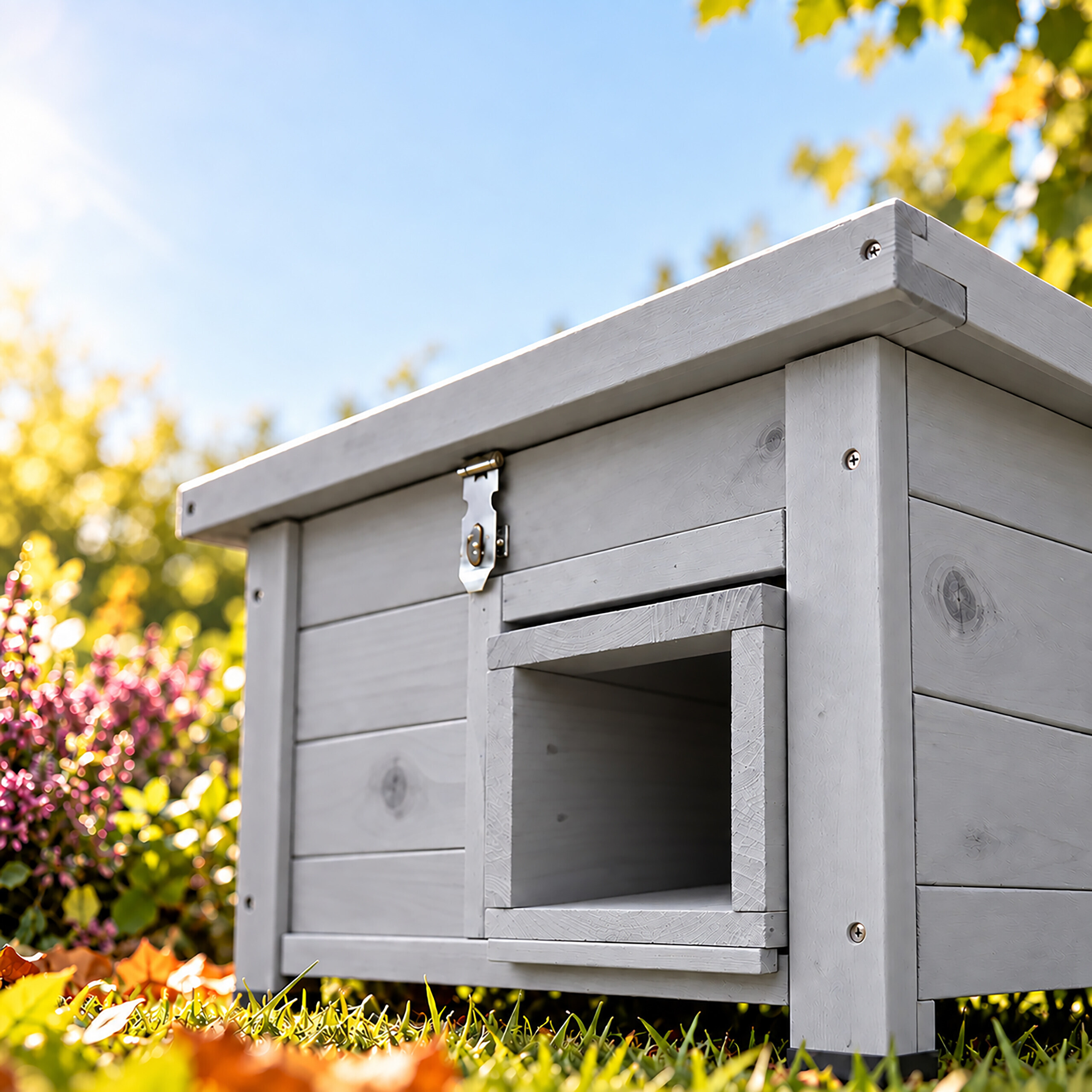 Eine graue Holzhütte für Kleintiere steht im grasbedeckten Garten vor blauem Himmel und Bäumen.