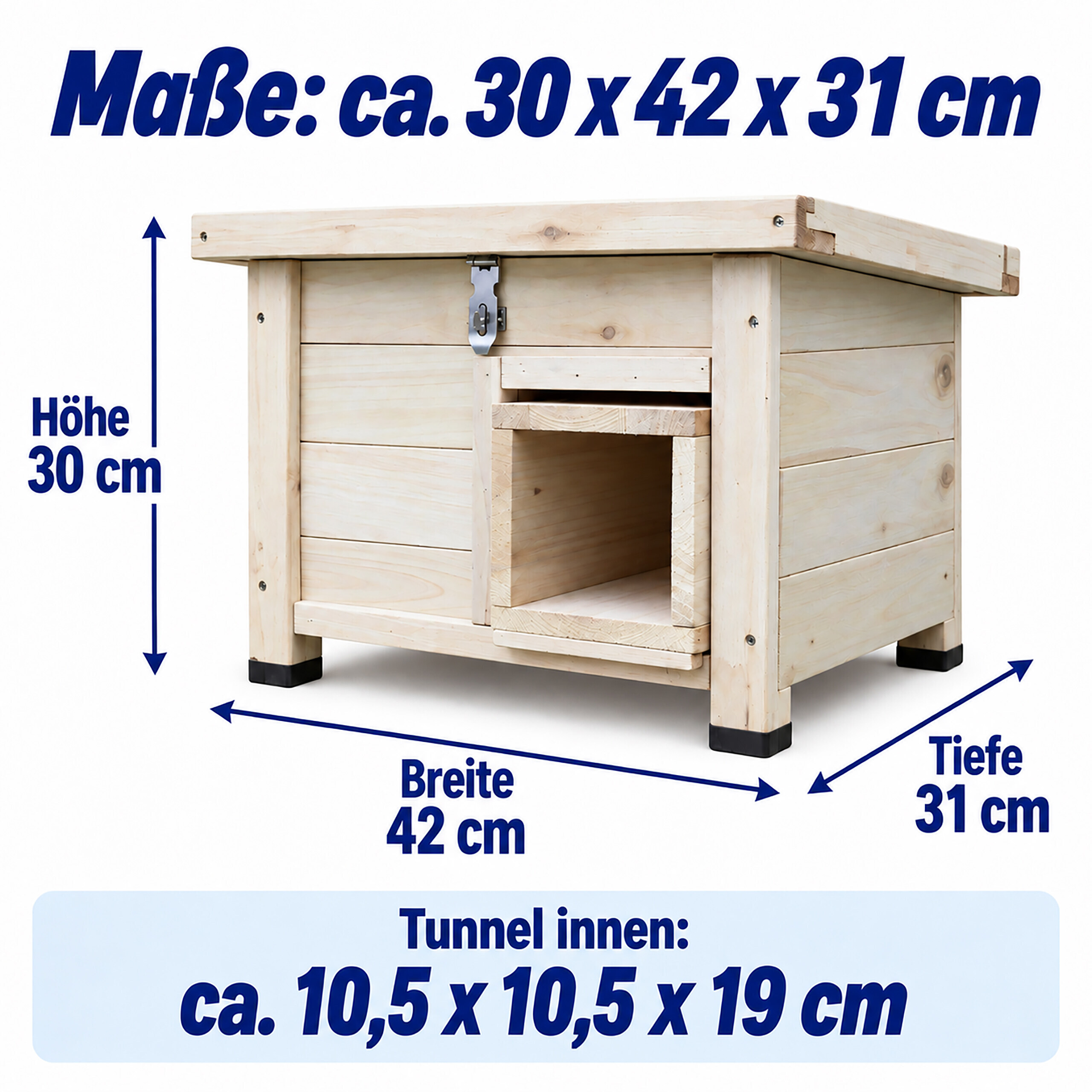 Holz-Hundehütte mit Maßen: 30x42x31 cm und Tunnel-Eingang.