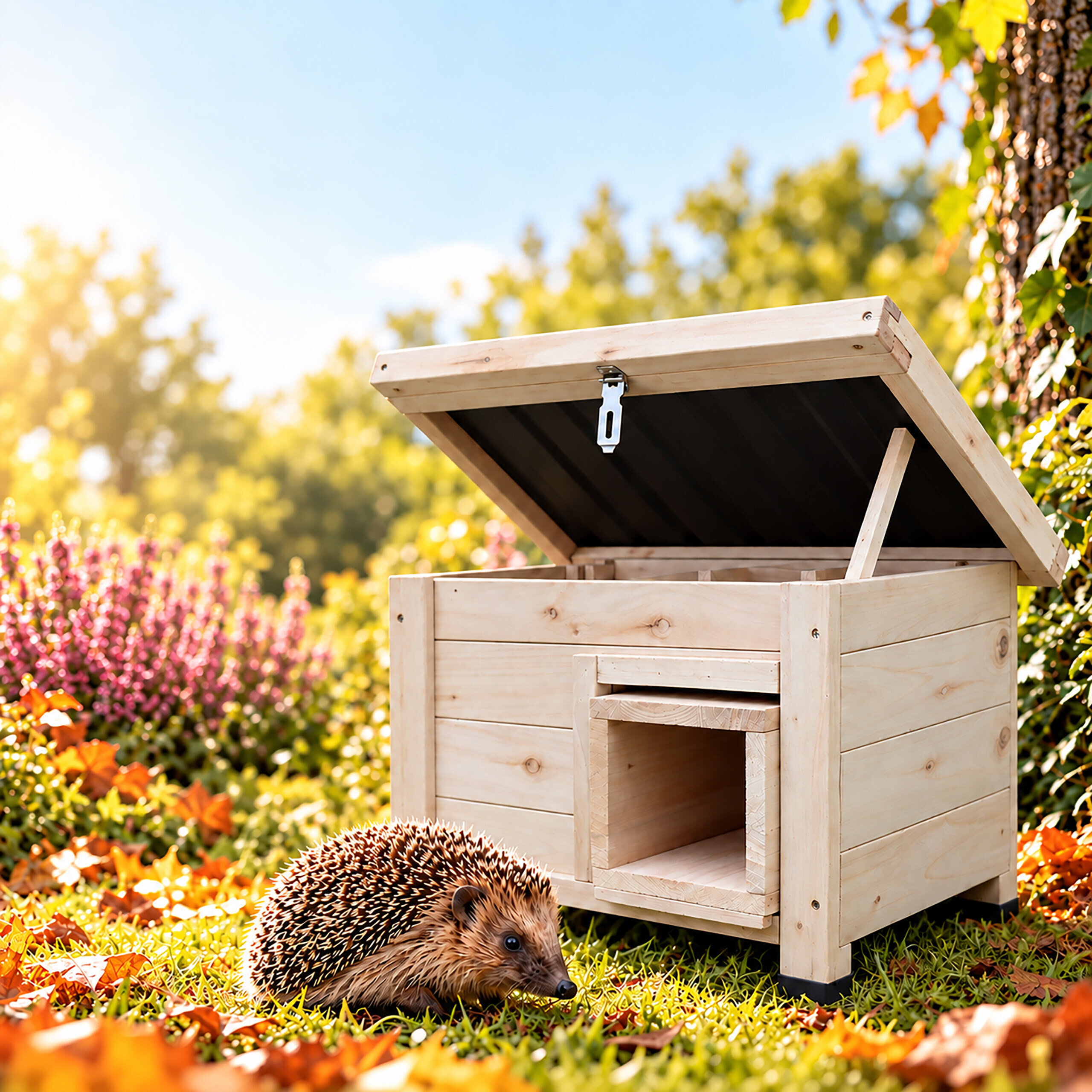 Ein kleiner Igel im Herbstlaub neben einem offenen Igelhaus aus Holz im sonnigen Garten.