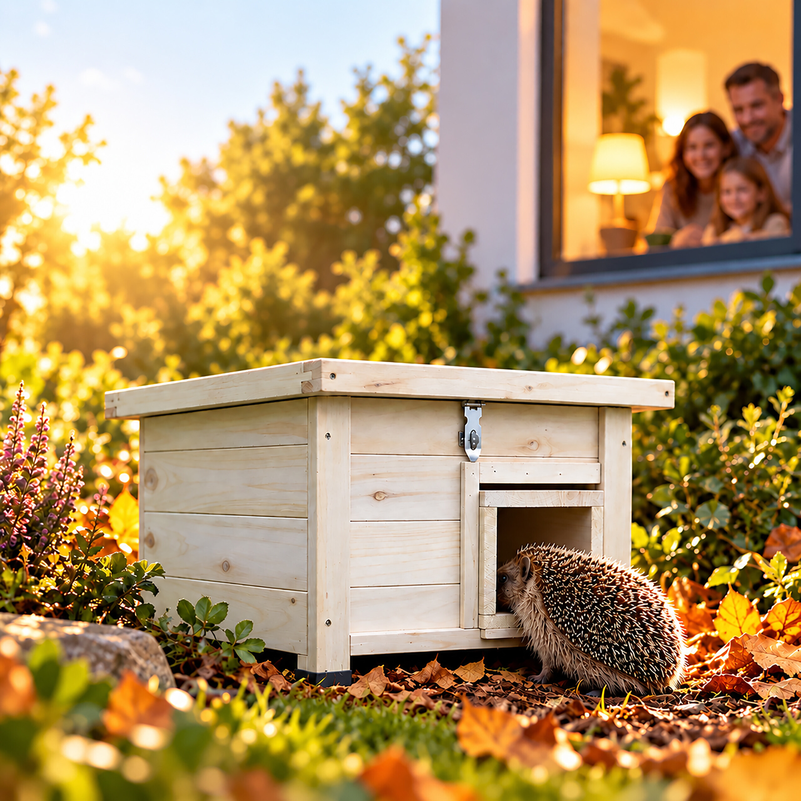 Ein Igel betritt ein Igelhaus im Garten, während eine Familie durch das Fenster zuschaut.