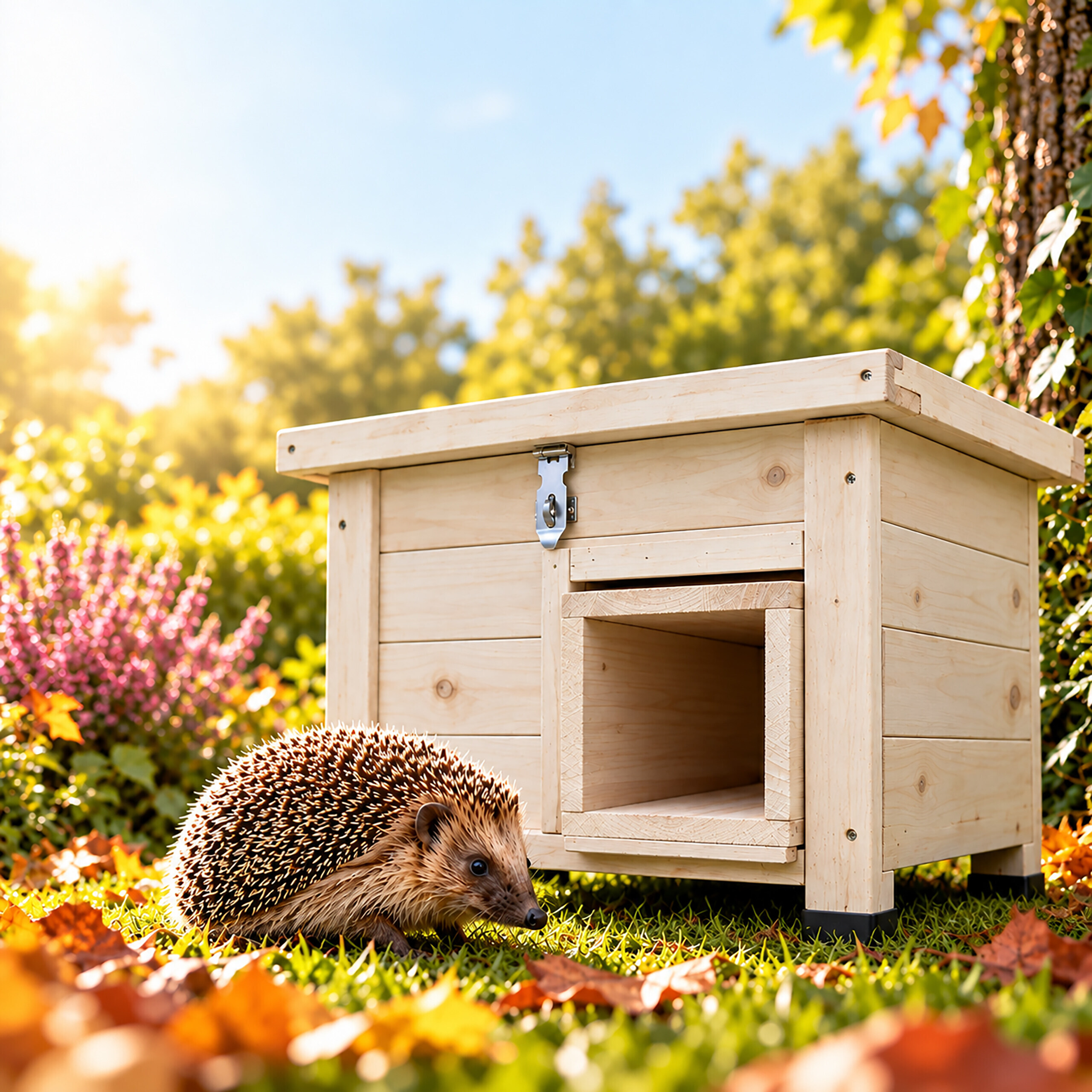 Ein kleiner Igel steht im Herbstlaub vor einem hölzernen Igelhaus im Garten.