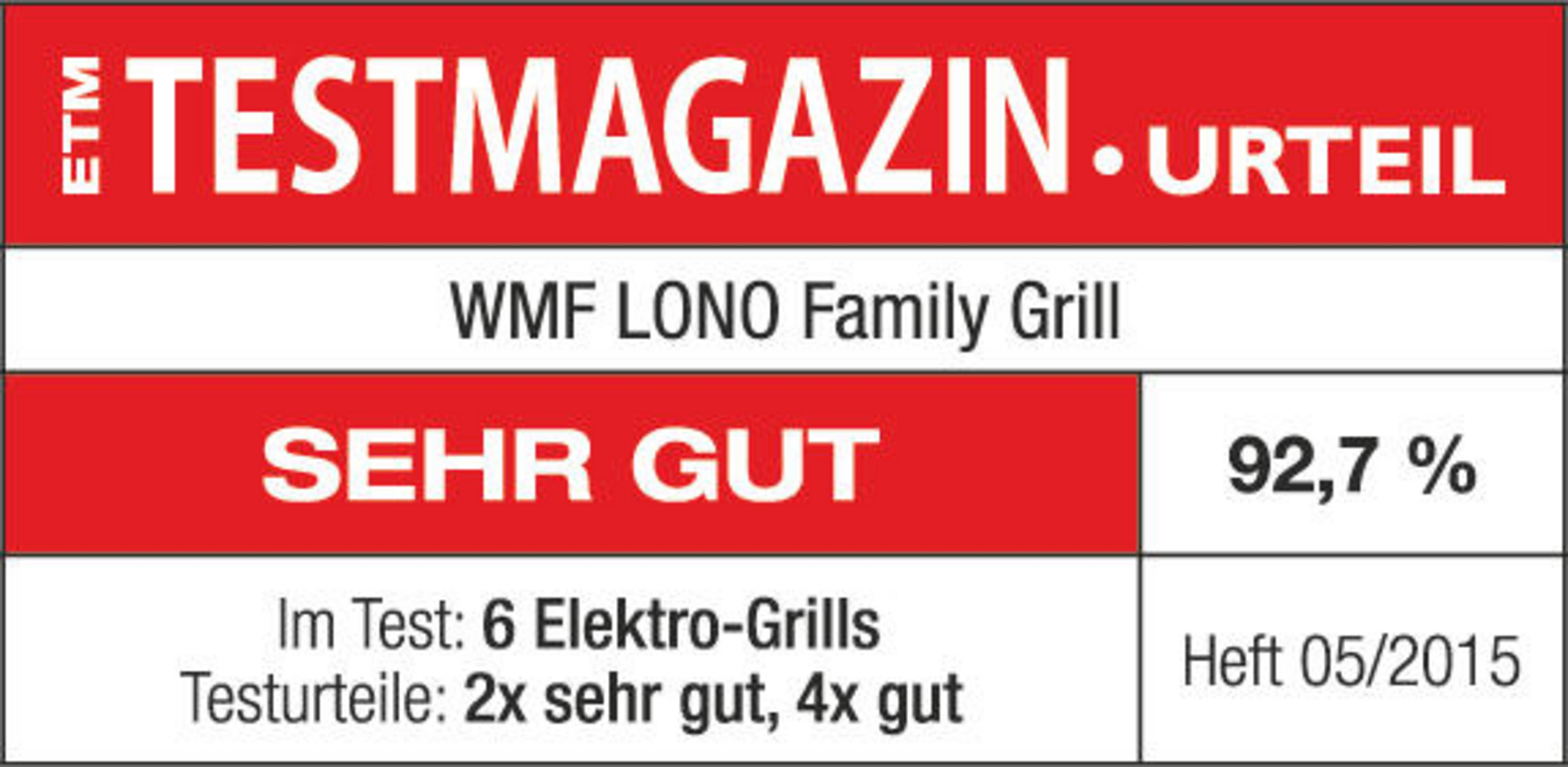 ETM Testmagazin ödül mührü: WMF LONO Family Grill, Çok İyi, %92,7.