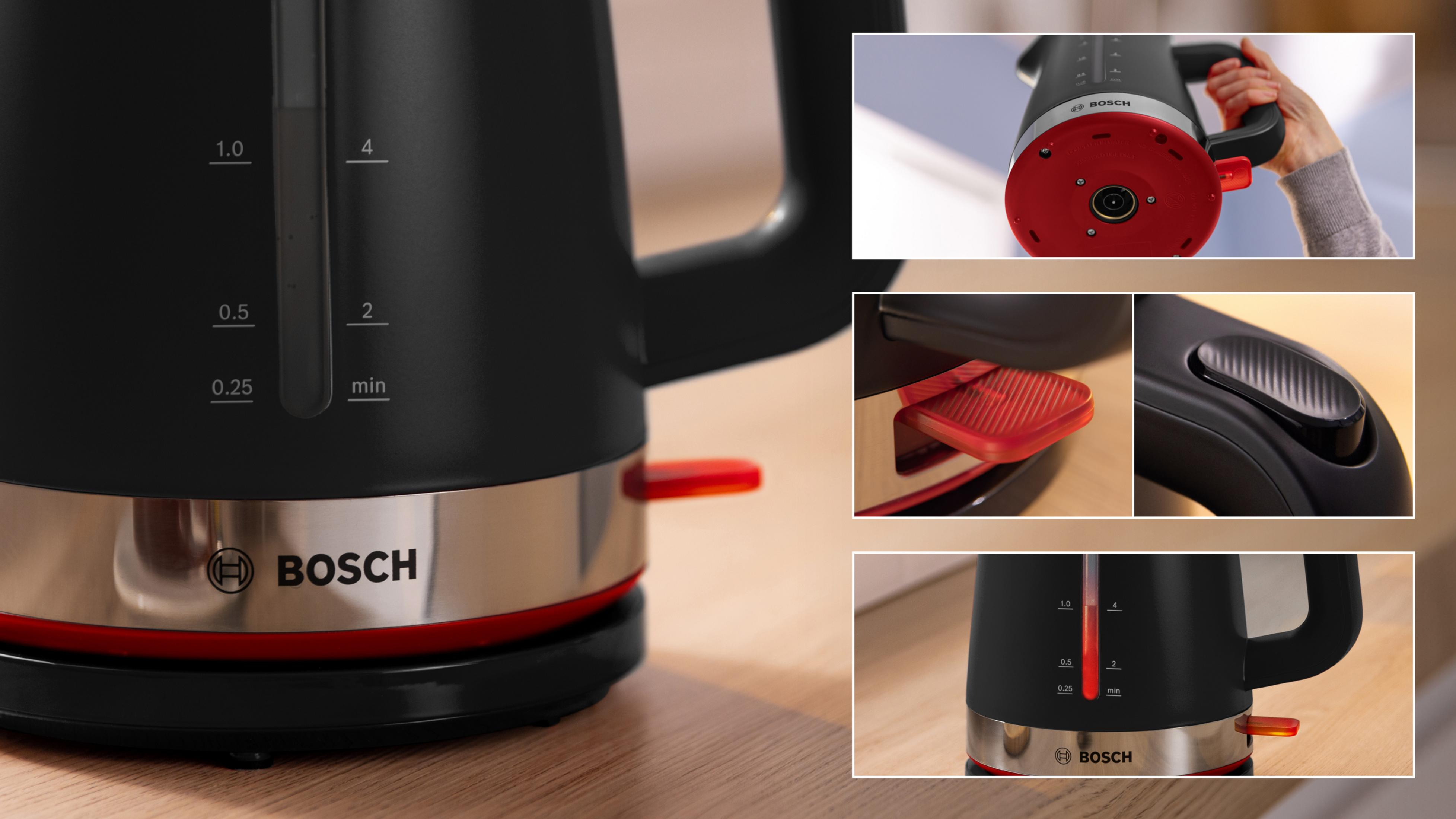 Black Bosch electric kettle with red accents and stainless steel details.