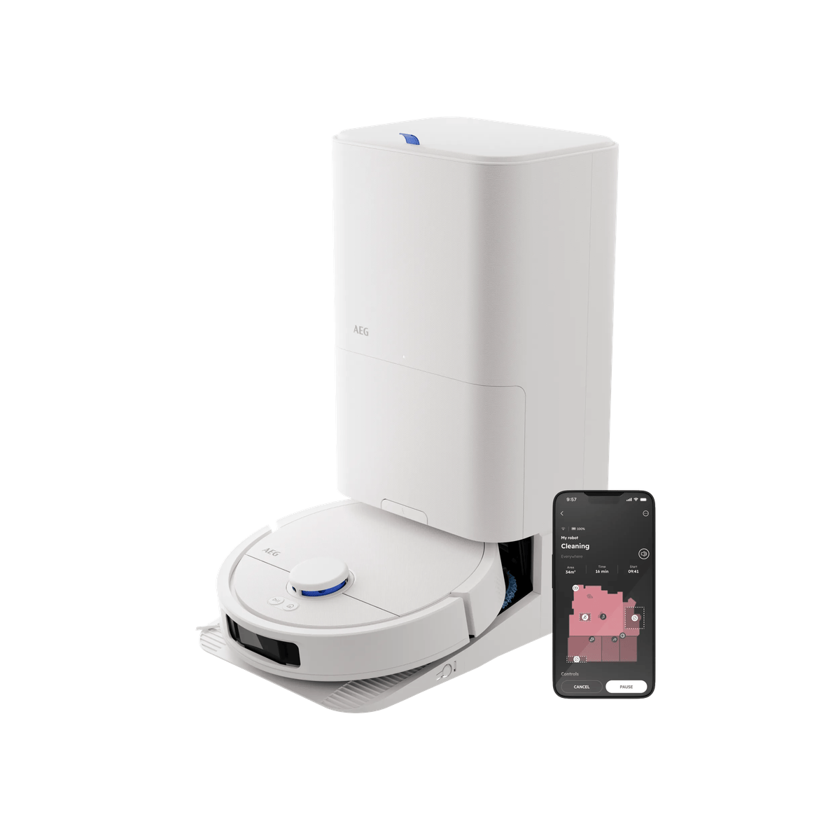 Robot aspirador AEG blanco en base de carga junto a smartphone con app.
