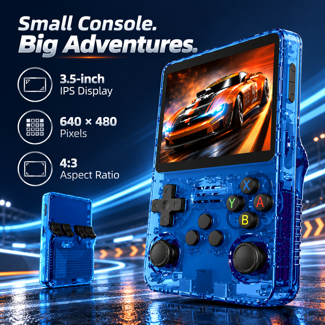 Blaue transparente Handheld-Spielekonsole mit Rennspiel auf dem Bildschirm und technischen Daten auf der linken Seite.
