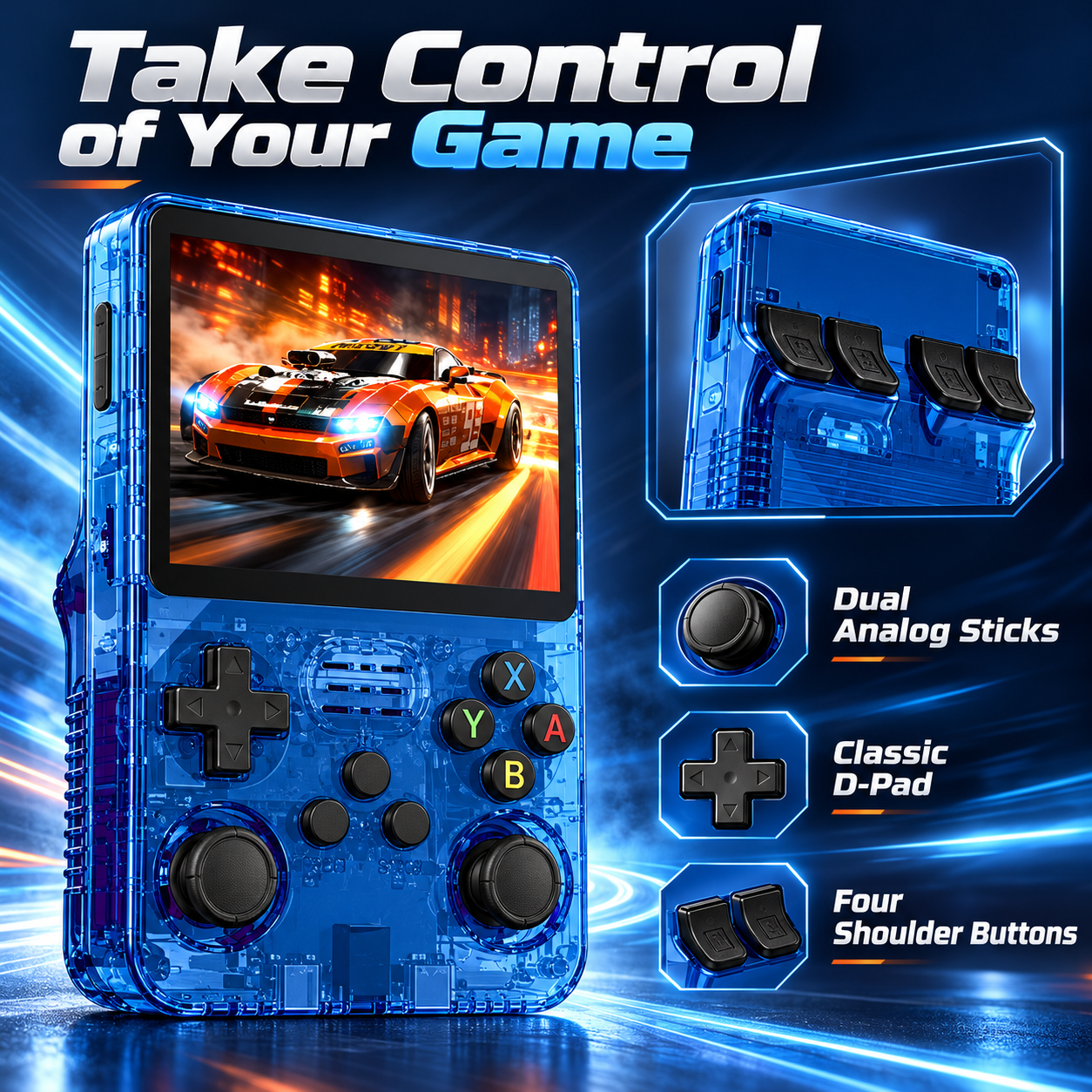 Eine transparente blaue Handheld-Spielkonsole mit Rennspiel, zwei Analog-Sticks und Steuerkreuz.