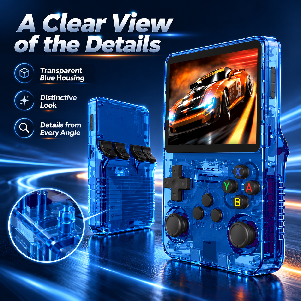 Tragbare blaue Handheld-Spielekonsole mit transparentem Gehäuse und aktuellem Rennspiel auf dem Bildschirm.