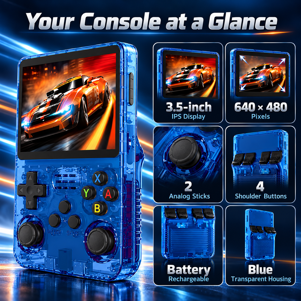 Blaue transparente Handheld-Spielekonsole mit 3,5-Zoll-Display, Analog-Sticks und Tasten.